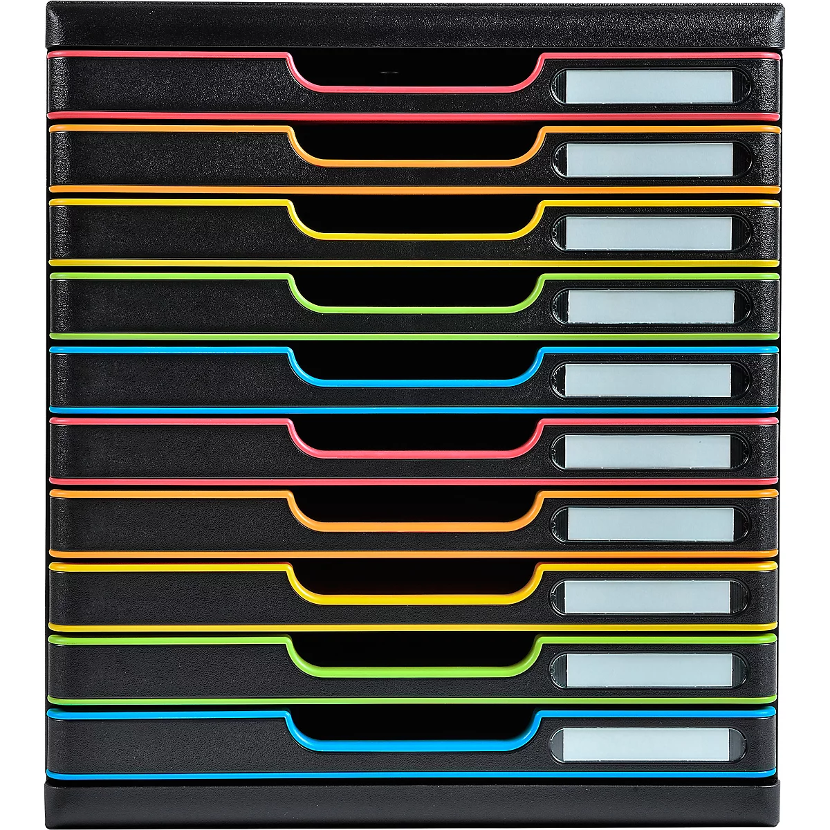 Pile de bacs à documents noirs avec des accents colorés en rose, orange, jaune, vert et bleu. Étiquettes blanches.