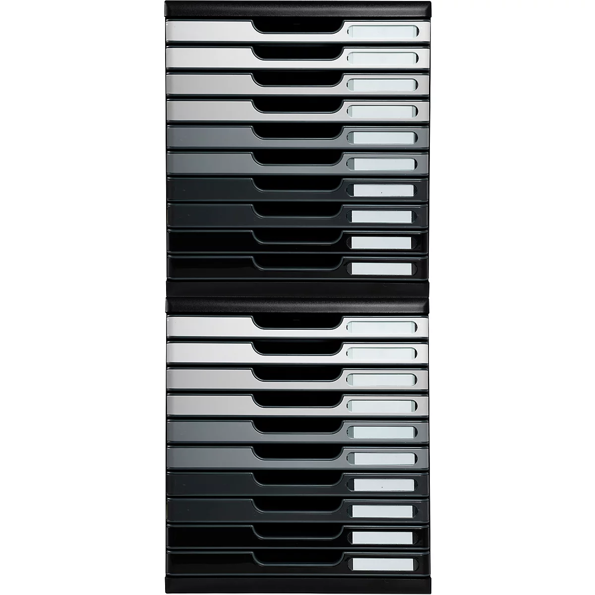 Plusieurs bacs à documents noirs, tiroirs argentés et noirs avec plaques signalétiques.