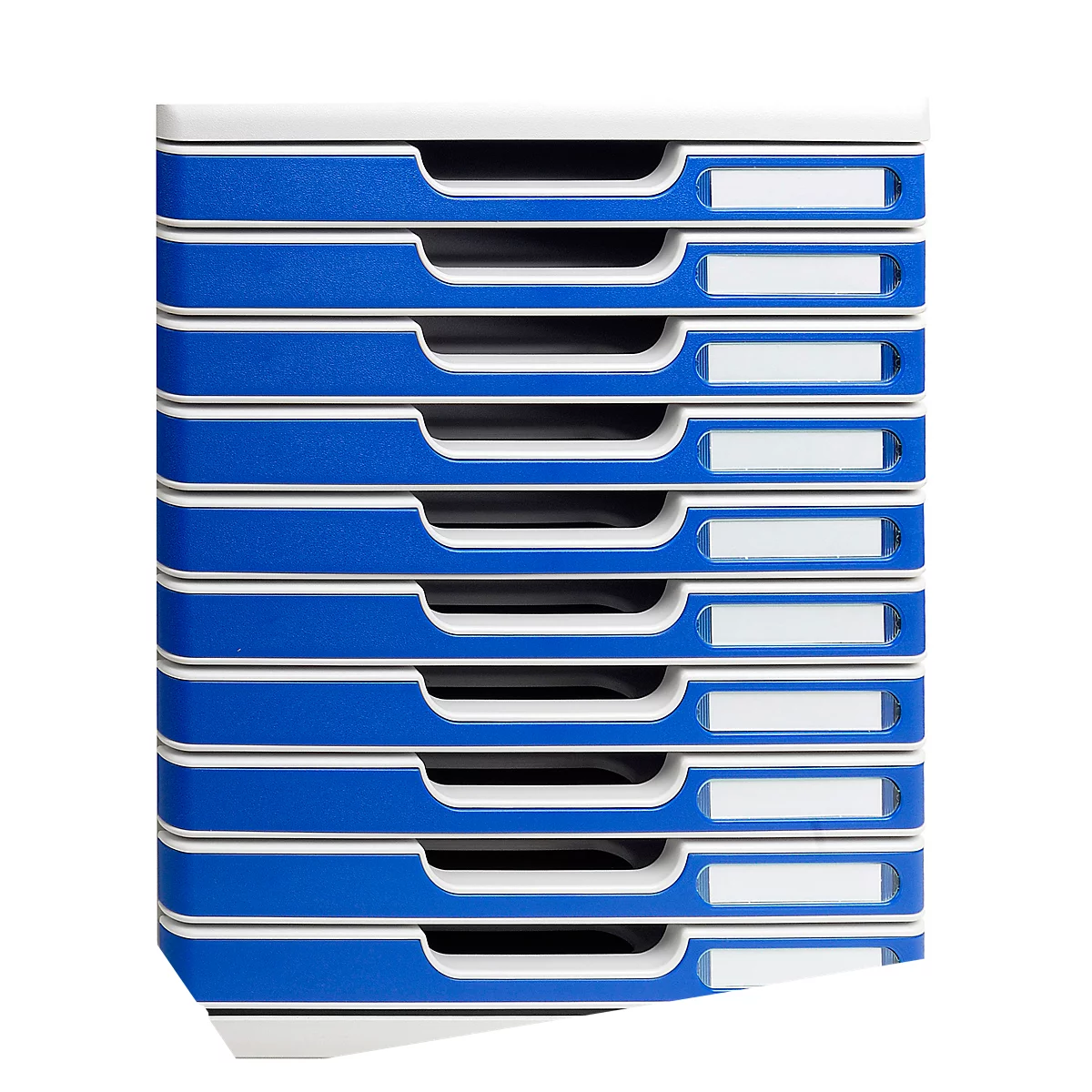 Plusieurs bacs de classement bleus et blancs avec des champs d'étiquetage. Ils sont empilés les uns sur les autres.