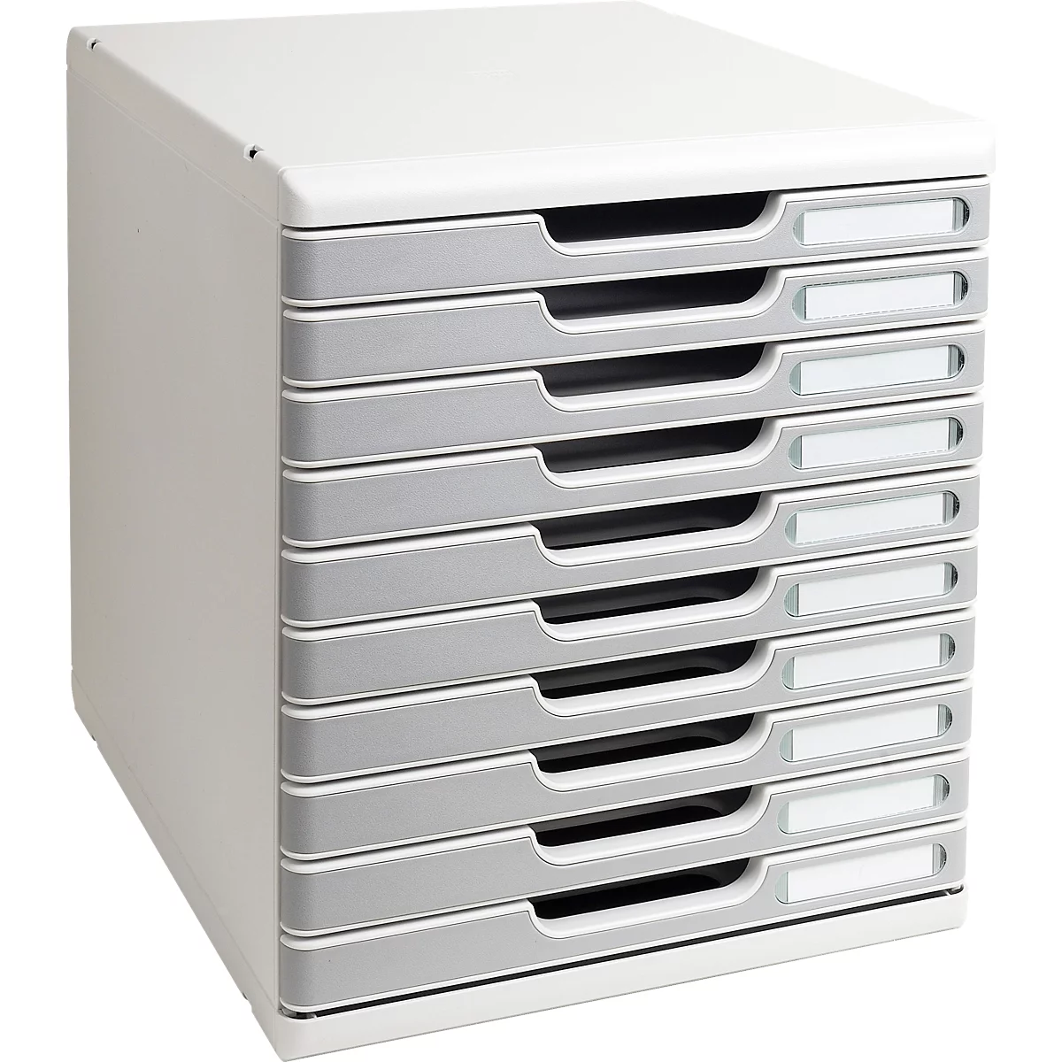 Organisateur de documents gris et empilable avec huit tiroirs et porte-noms.