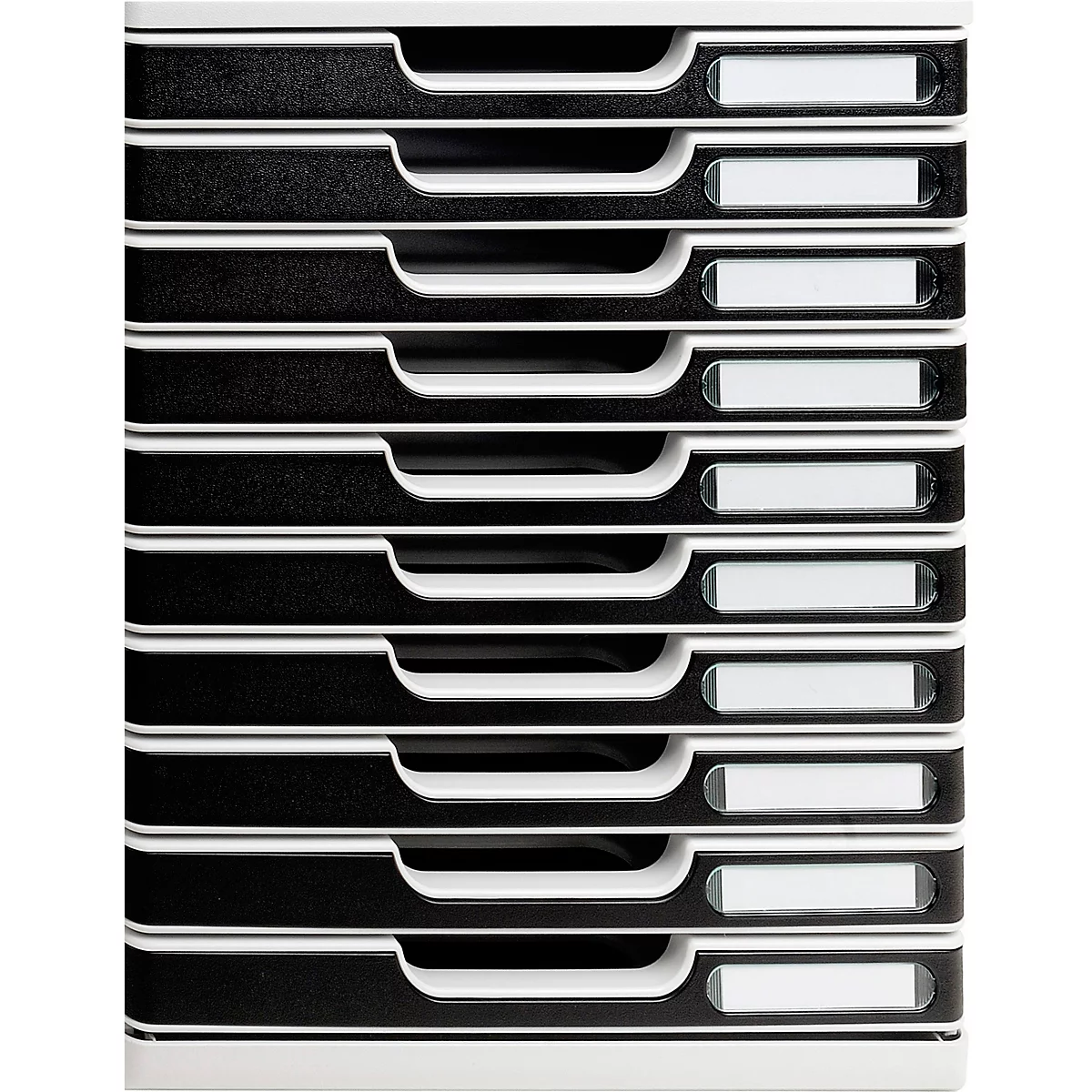 Bac à dossiers noir et blanc avec 10 compartiments. Chaque compartiment a un petit champ d'étiquette blanc.