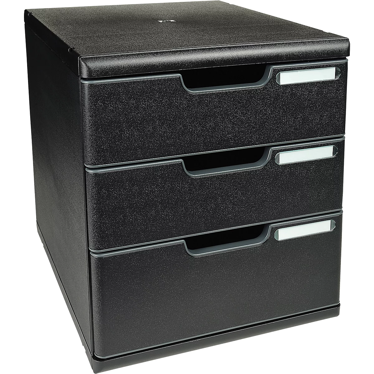 Armoire de bureau noire avec trois tiroirs. Chaque tiroir a une poignée et une étiquette nominative.