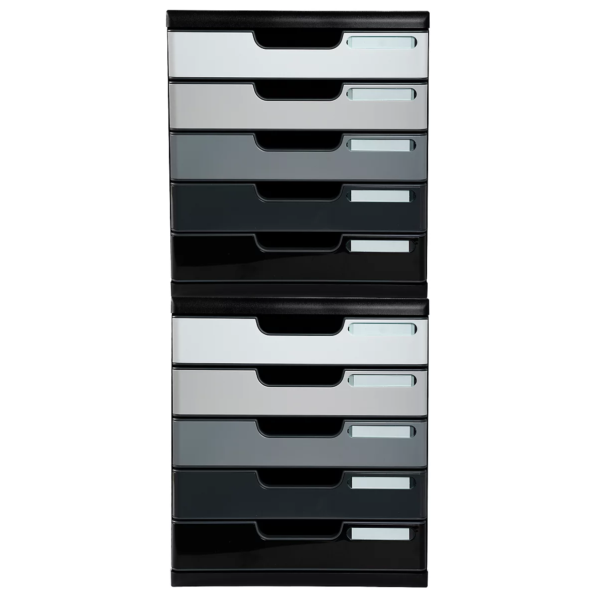 Mehrfarbiger Schubladenschrank mit neun Schubladen, in Schwarz-, Grau- und Weißtönen.