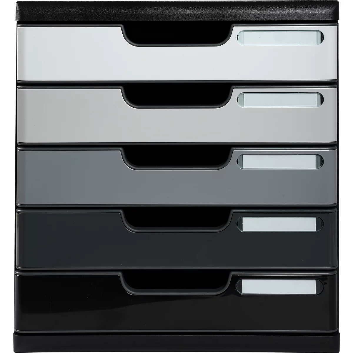 Mehrfarbiger Schubladenschrank mit fünf Schubladen, von hellgrau bis schwarz.