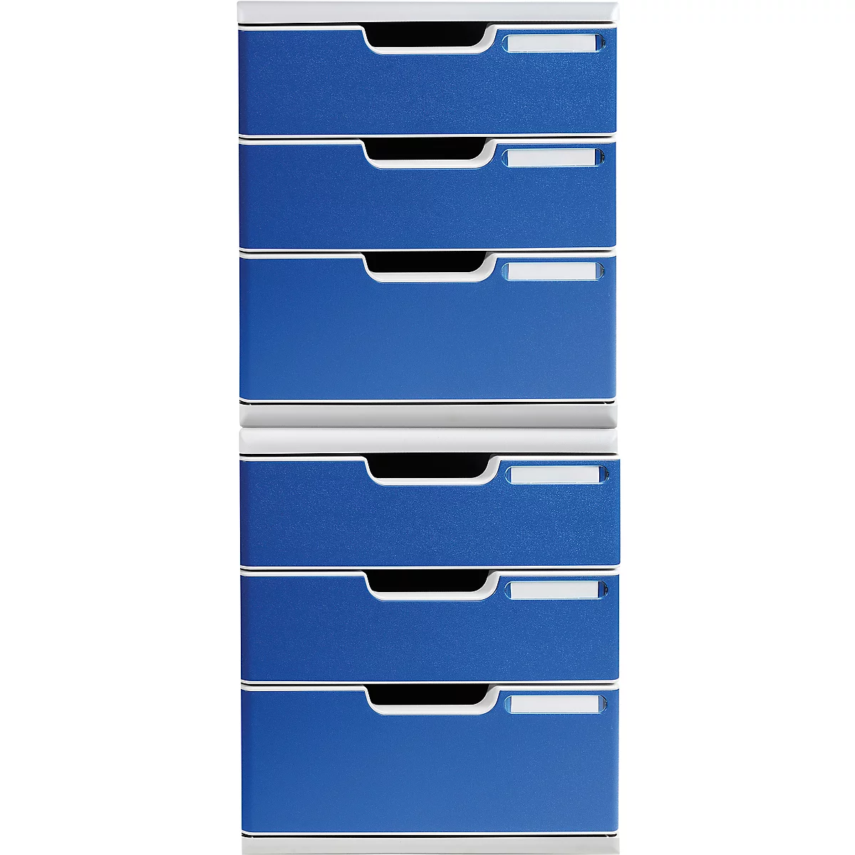 Meerdelige blauwe kast met laden, witte handgrepen en labels.