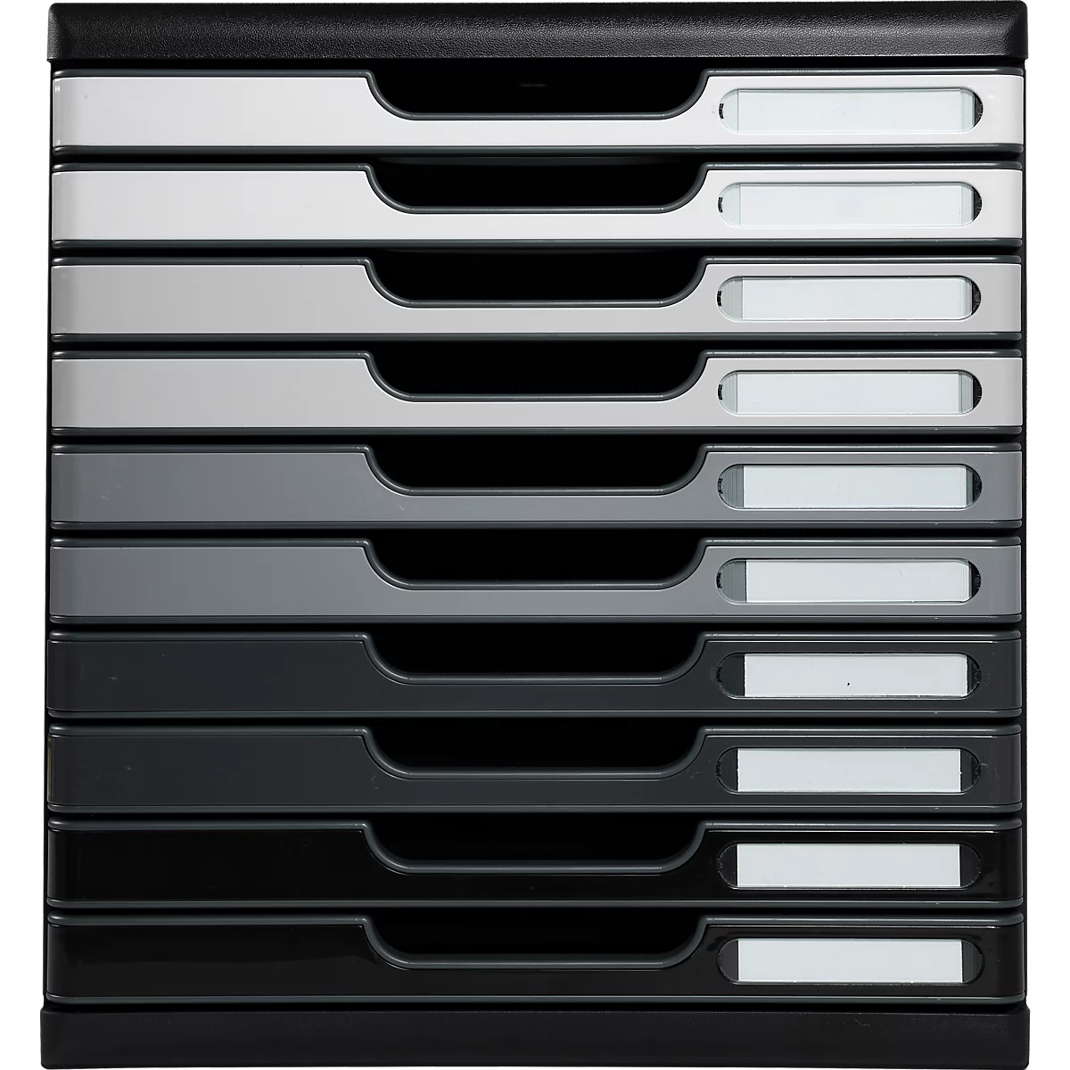 Meerlaags archiefsysteem, tinten zwart en grijs. Labels voor etikettering zijn zichtbaar. Een praktische oplossing voor orde.