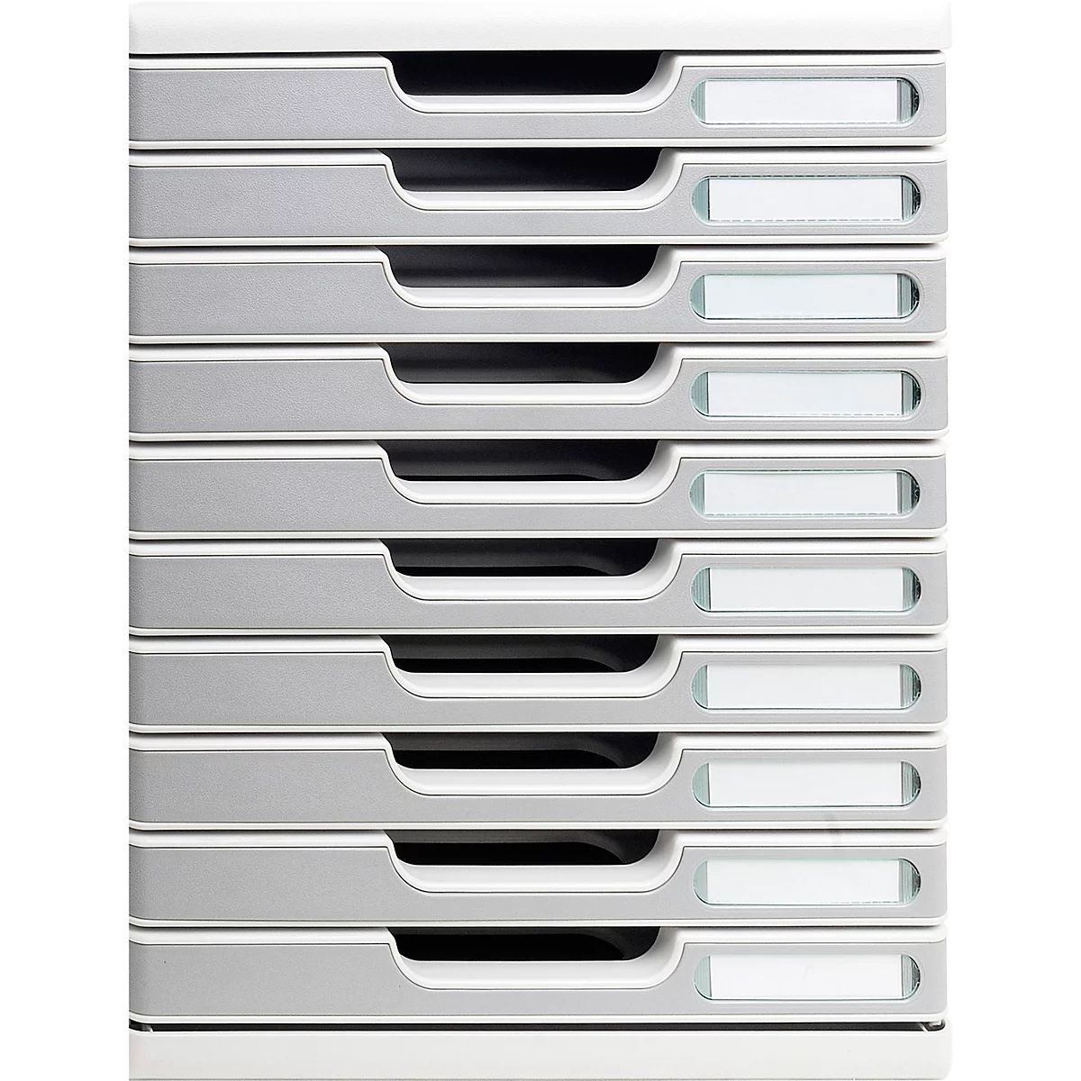 Grijze verticale documentenbak met 10 compartimenten, elk met een etiket. Het onderste compartiment is gesloten.