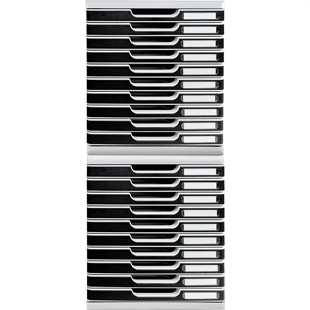 Meerdere witte en zwarte opbergvakken met etiketten.