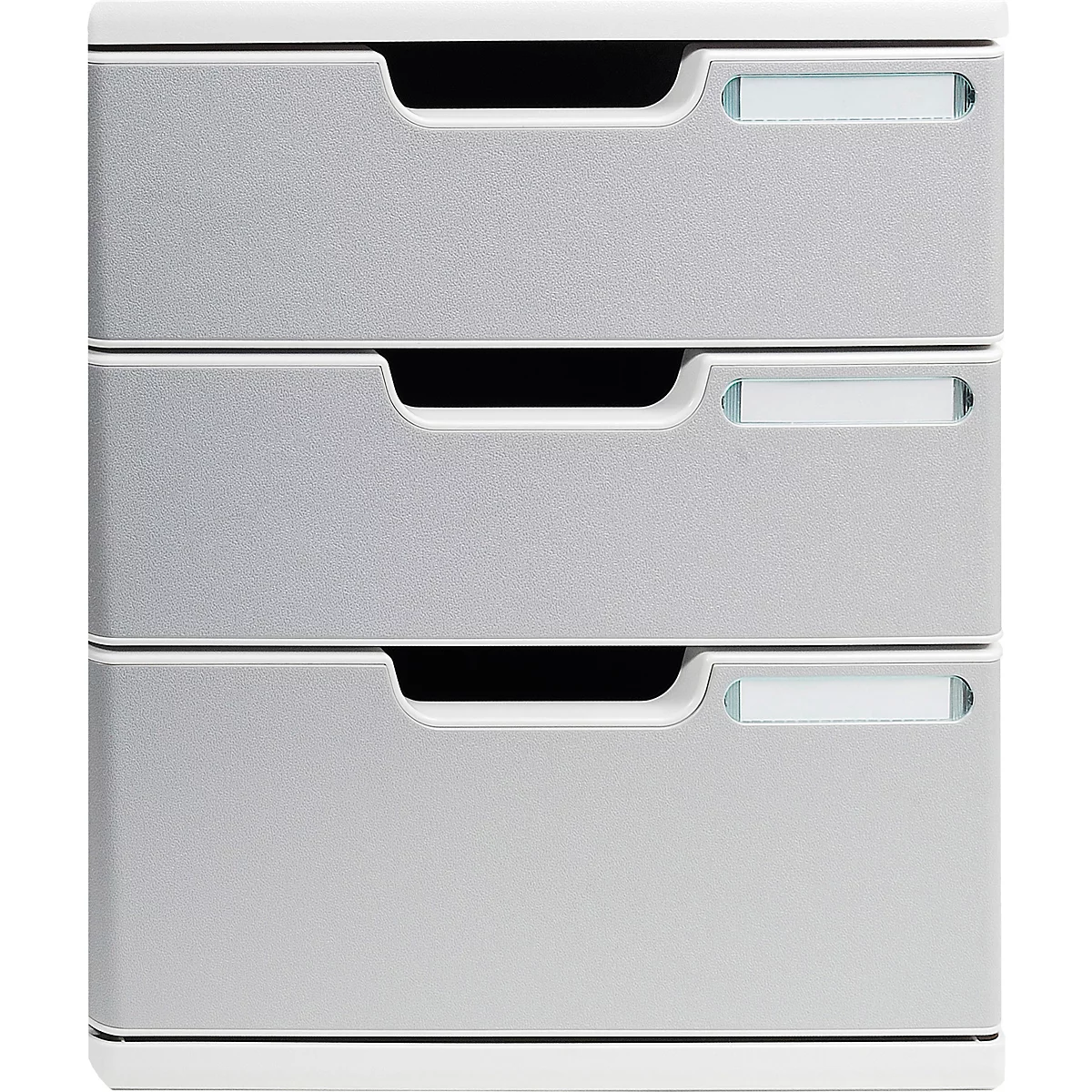 Grijze, drielaagse ladenkast met zwarte verzonken handgrepen en etikethouders.