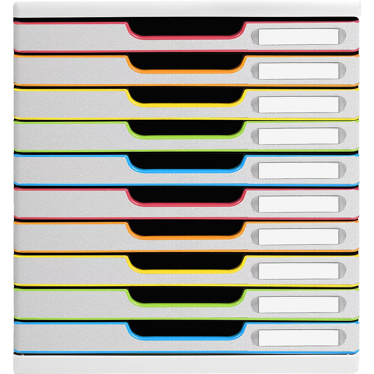 Multicolor stapelbare brieftoren met lege labelvelden. Elke lade heeft een andere kleur.