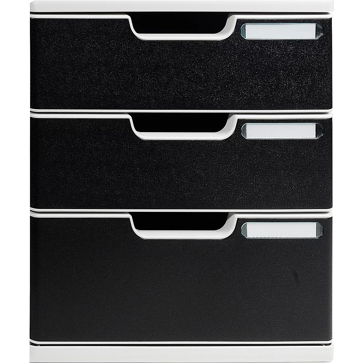 Zwarte documententoren met drie laden, met wit frame en handvat.