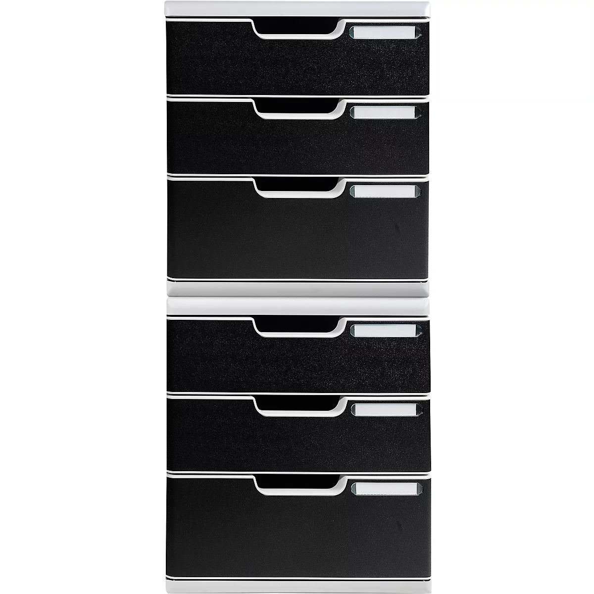 Zwarte ladentoren met 6 lades en witte handgrepen.