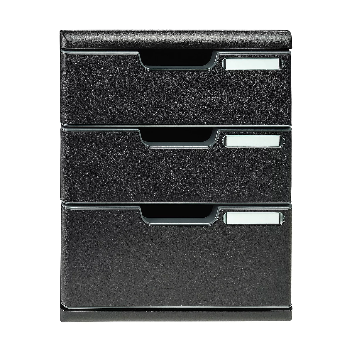 Zwarte ladekast met drie laden. Elke lade heeft een handvat en een labelveld.