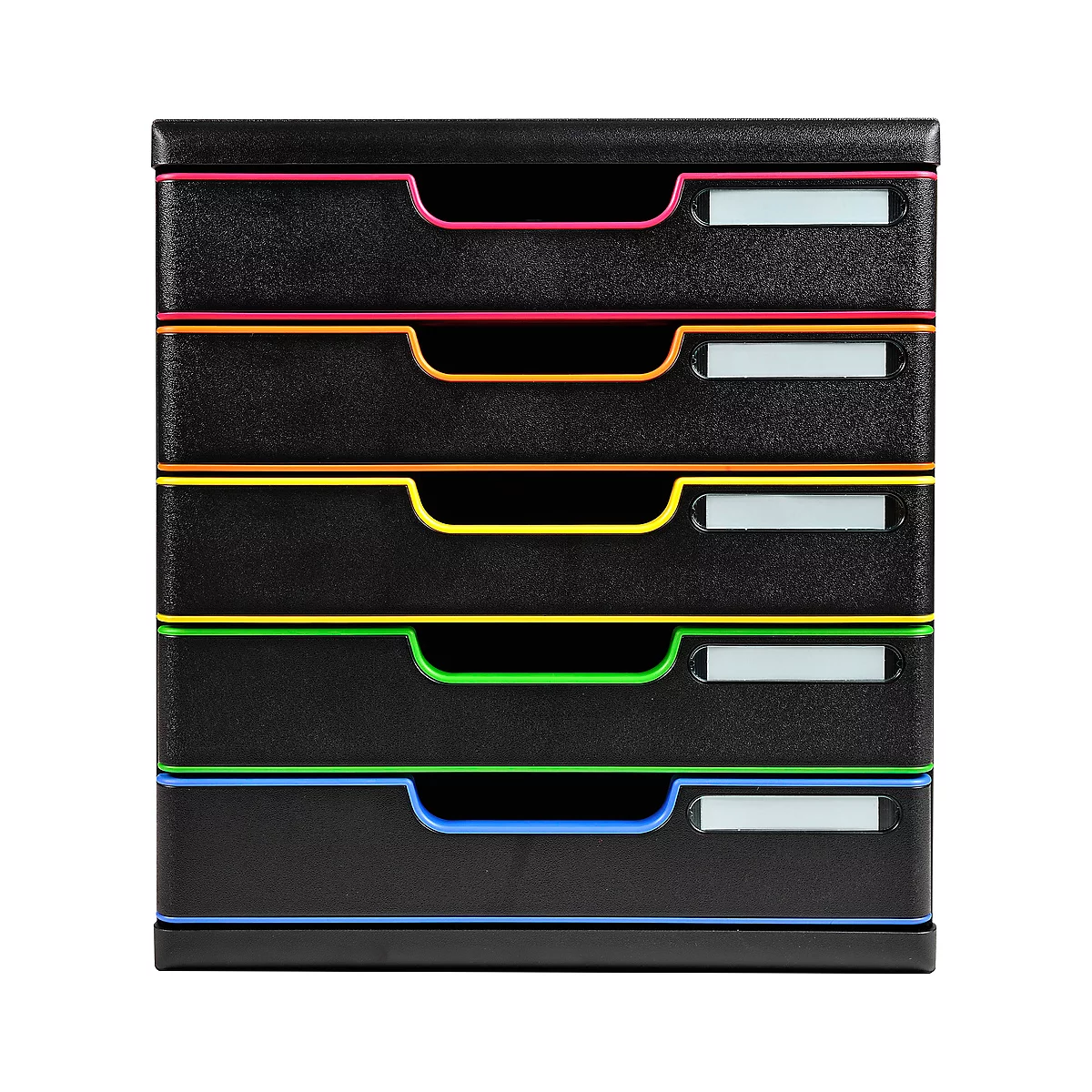 Organisateur de documents noir avec cinq tiroirs aux accents colorés : rose, orange, jaune, vert et bleu.