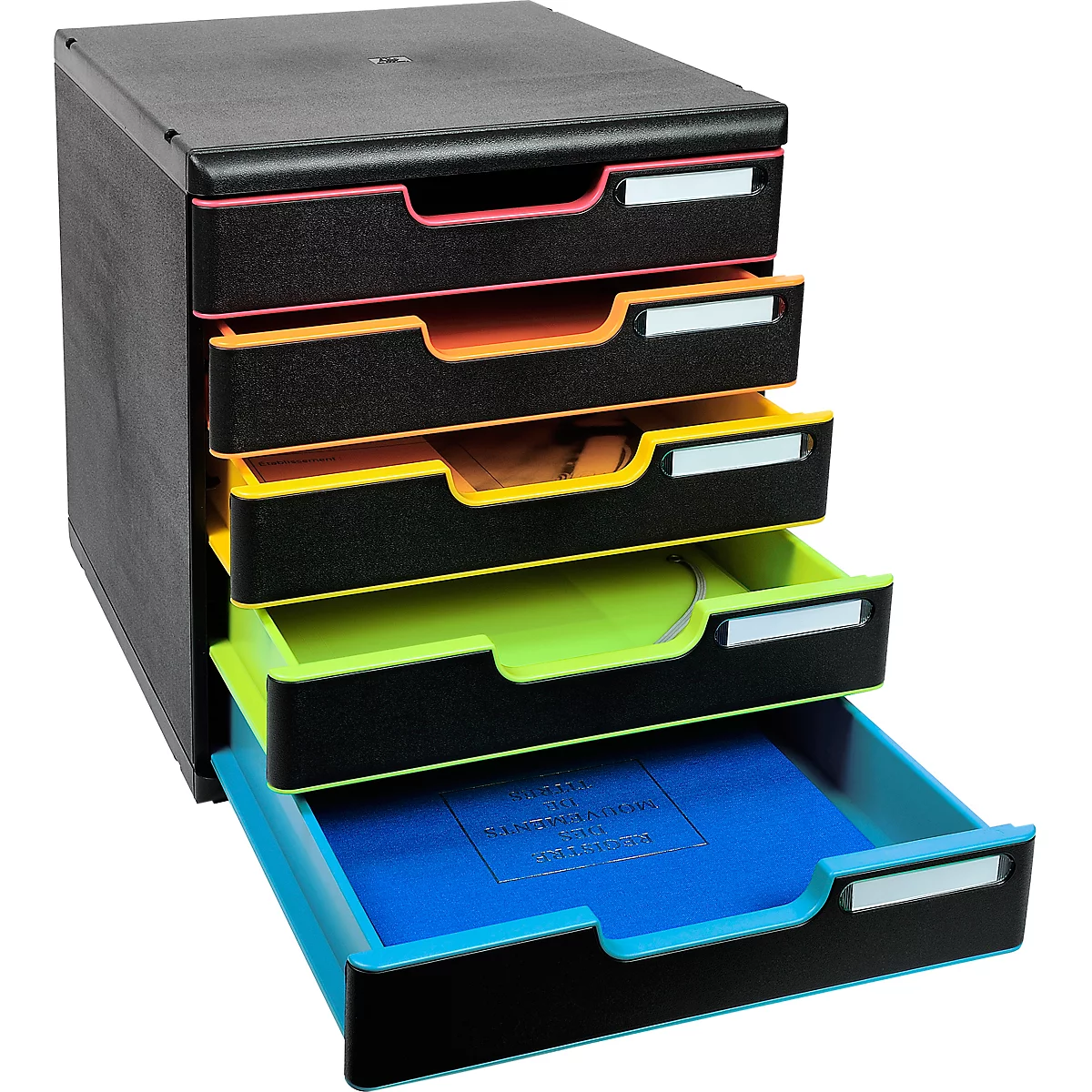 Organisateur de documents noir avec cinq tiroirs colorés : rose, orange, jaune, vert et bleu. Un tiroir est ouvert.