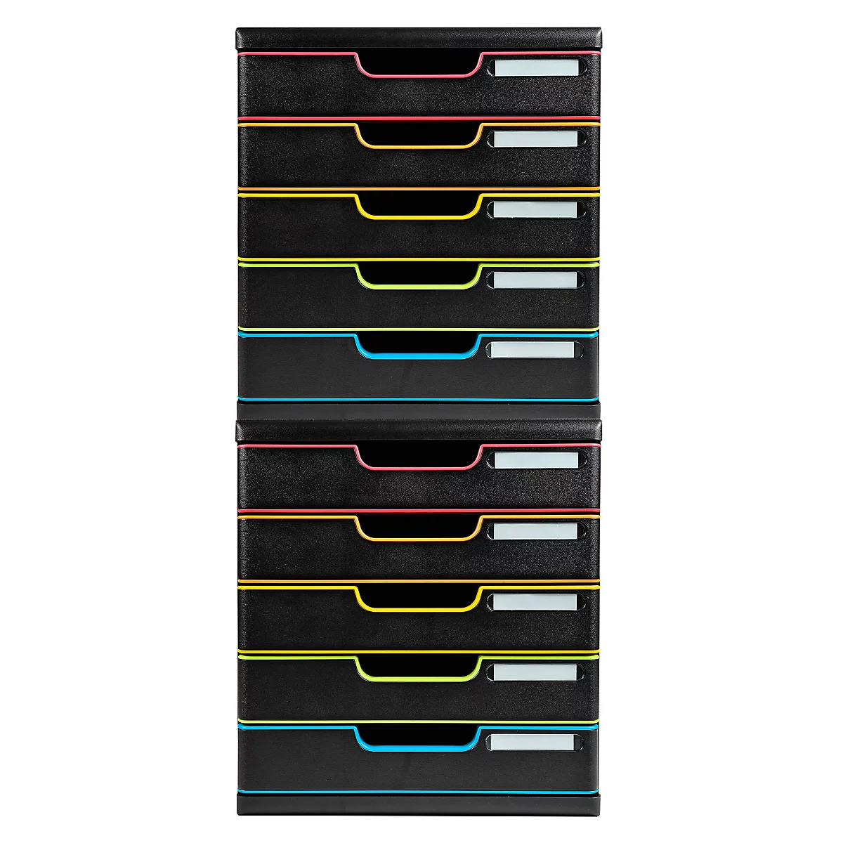 Pile de bacs à documents noirs avec des accents colorés : rouge, jaune et bleu. Chaque compartiment a un champ d'étiquette.