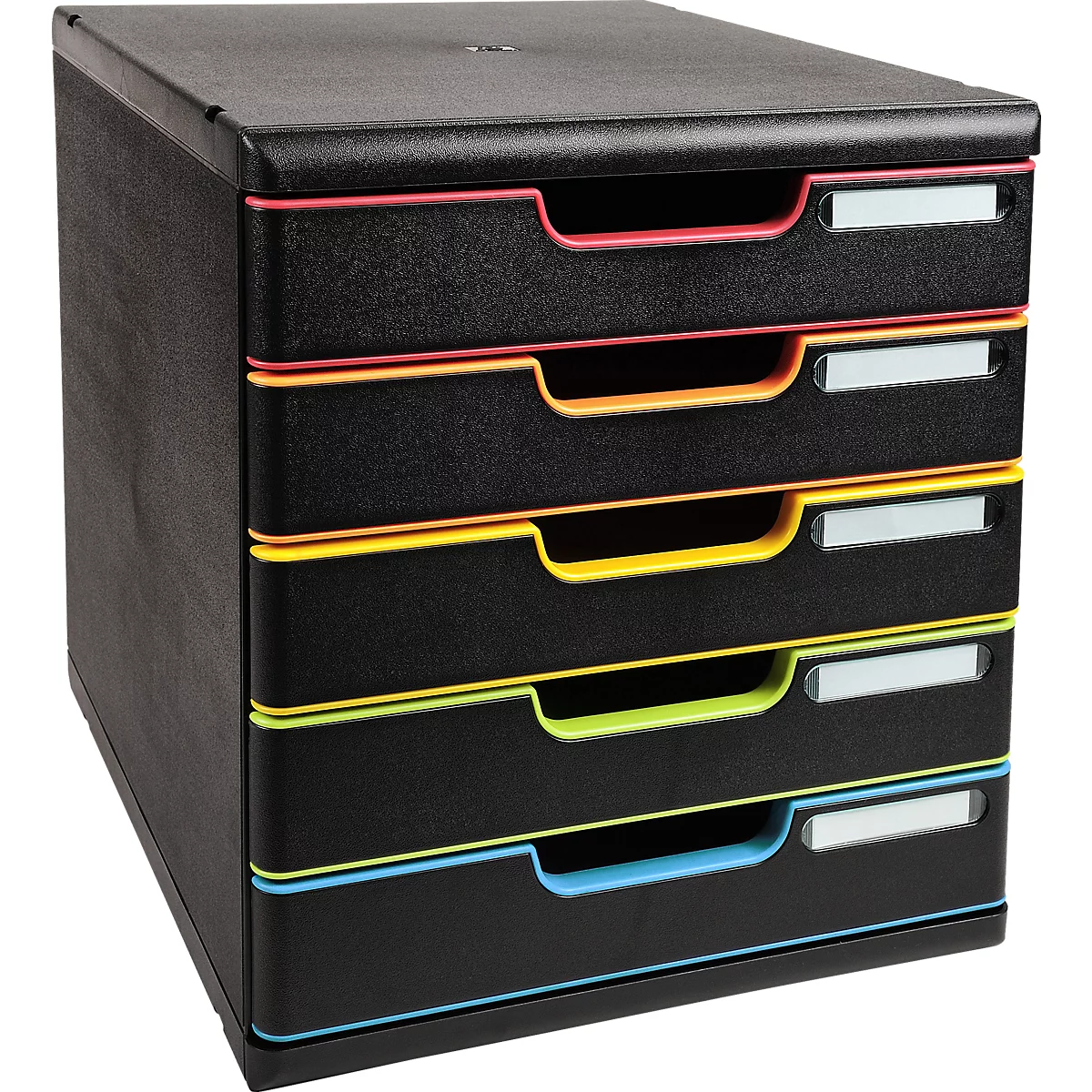 Organisateur de documents noir avec cinq tiroirs avec poignées colorées. Chaque tiroir a une étiquette blanche.