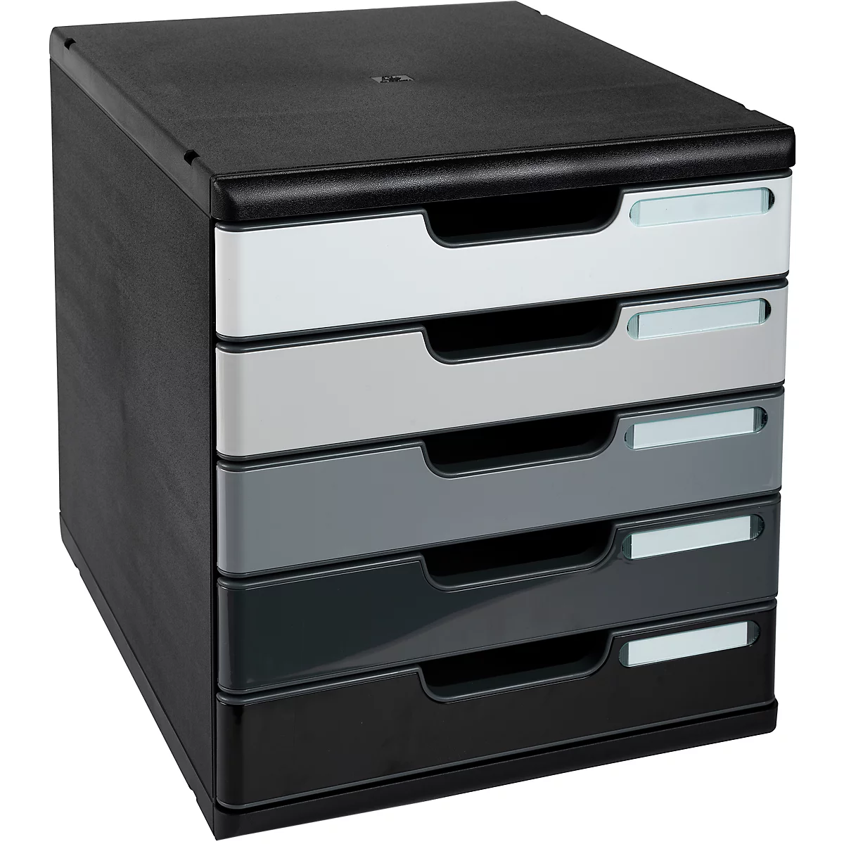Classeur de bureau noir avec cinq tiroirs dans différentes nuances de gris.