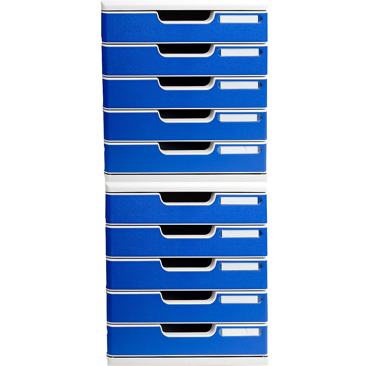 Mehrere blaue und weiße Schubladen übereinander gestapelt.