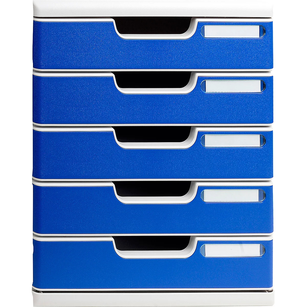 Plusieurs tiroirs bleus avec des étiquettes blanches sur fond blanc.