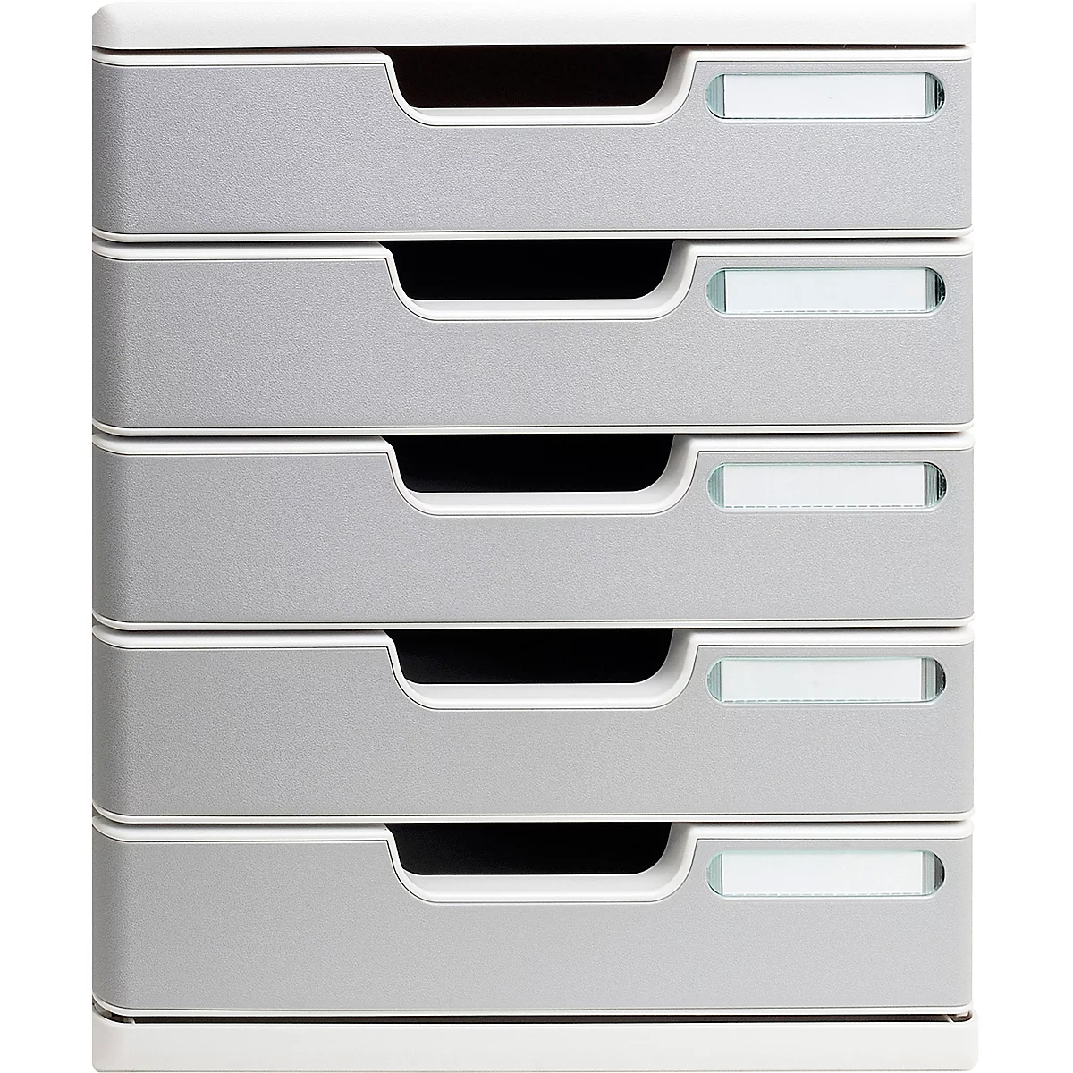 Organisateur de fichiers gris avec 5 tiroirs. Chaque tiroir a une poignée et une étiquette de nom.