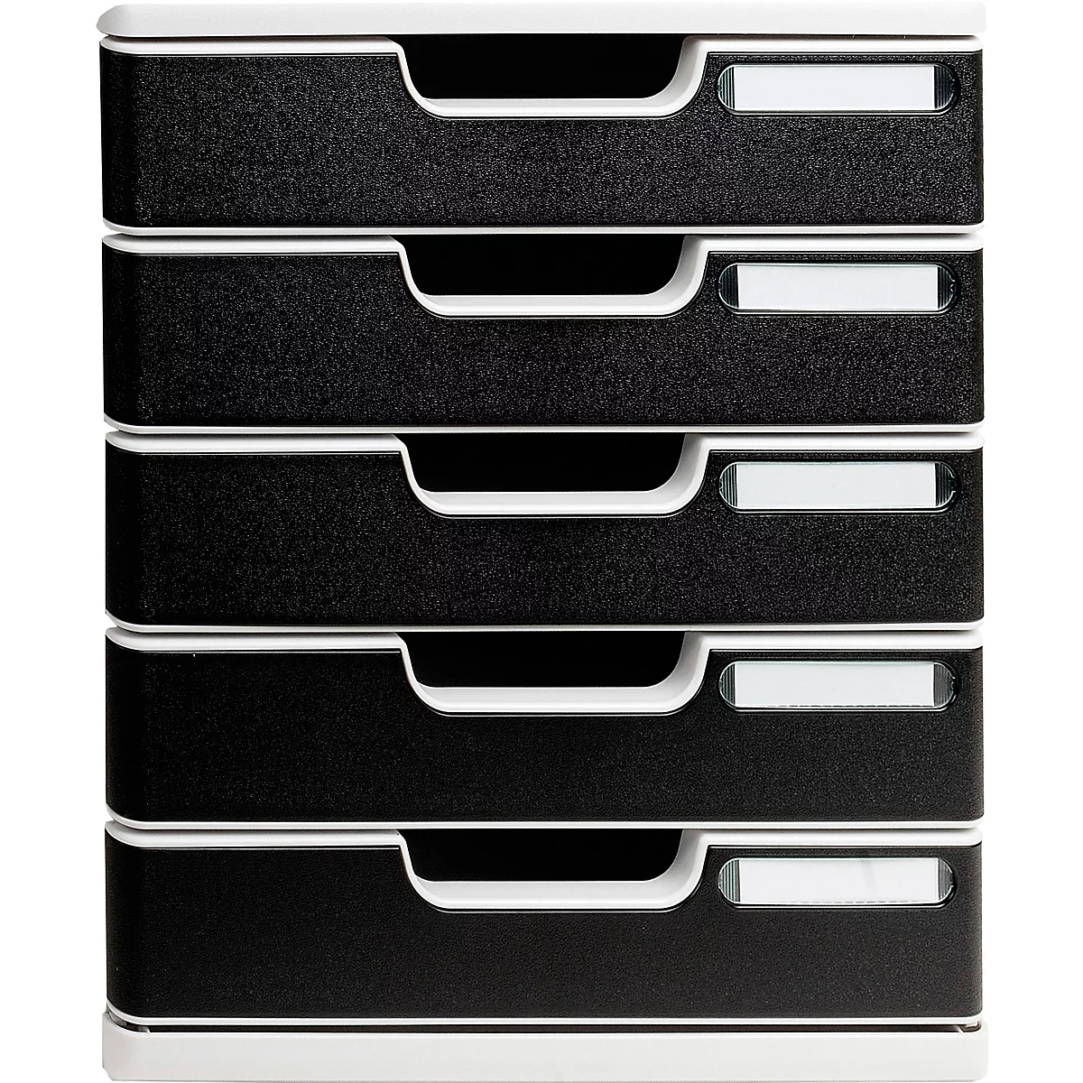 Organisateur de documents noir, empilable, avec cinq tiroirs. Chaque tiroir a une poignée blanche et un porte-étiquette blanc.