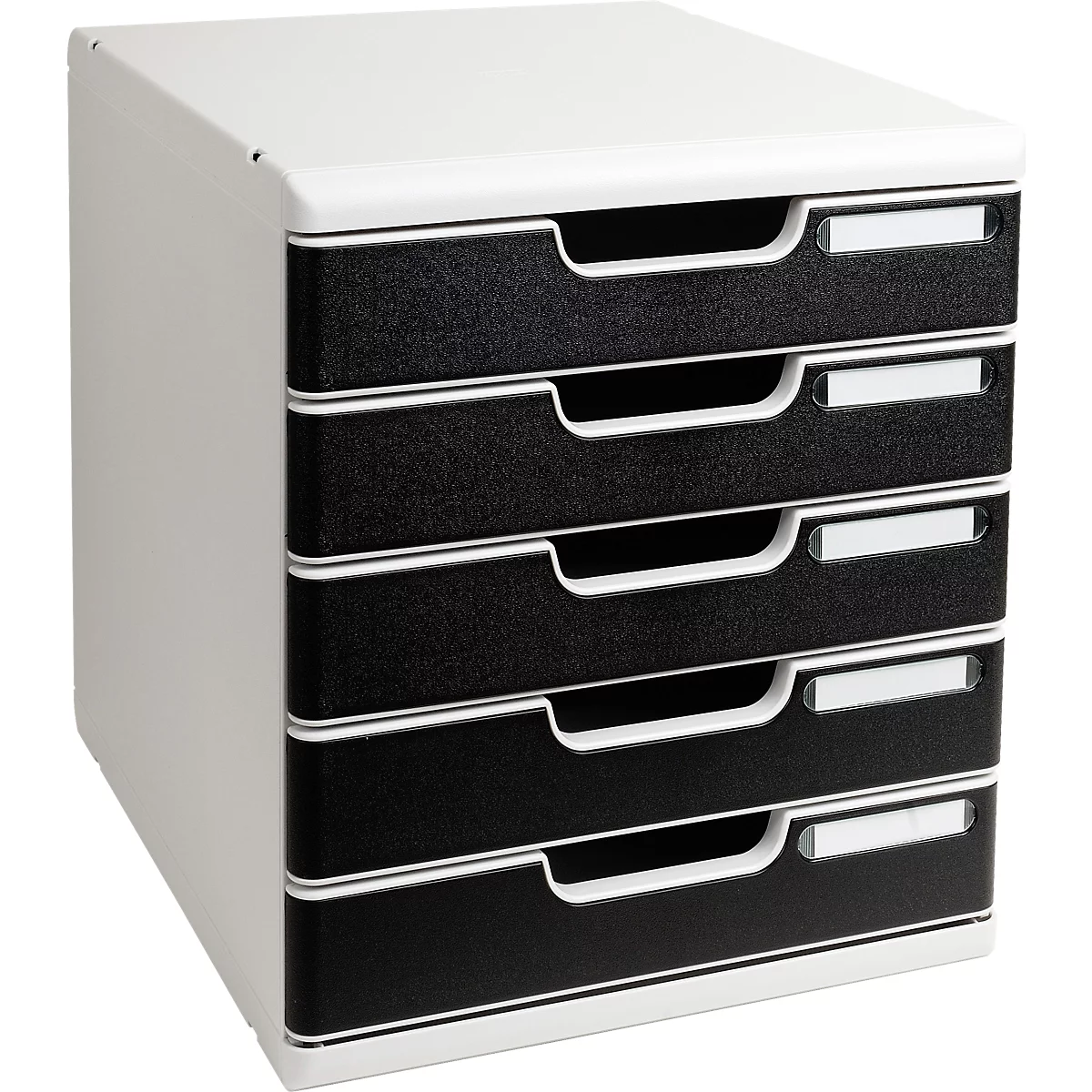 Organisateur de documents noir avec cinq tiroirs et poignées blanches. Chaque tiroir a un champ d'étiquette.
