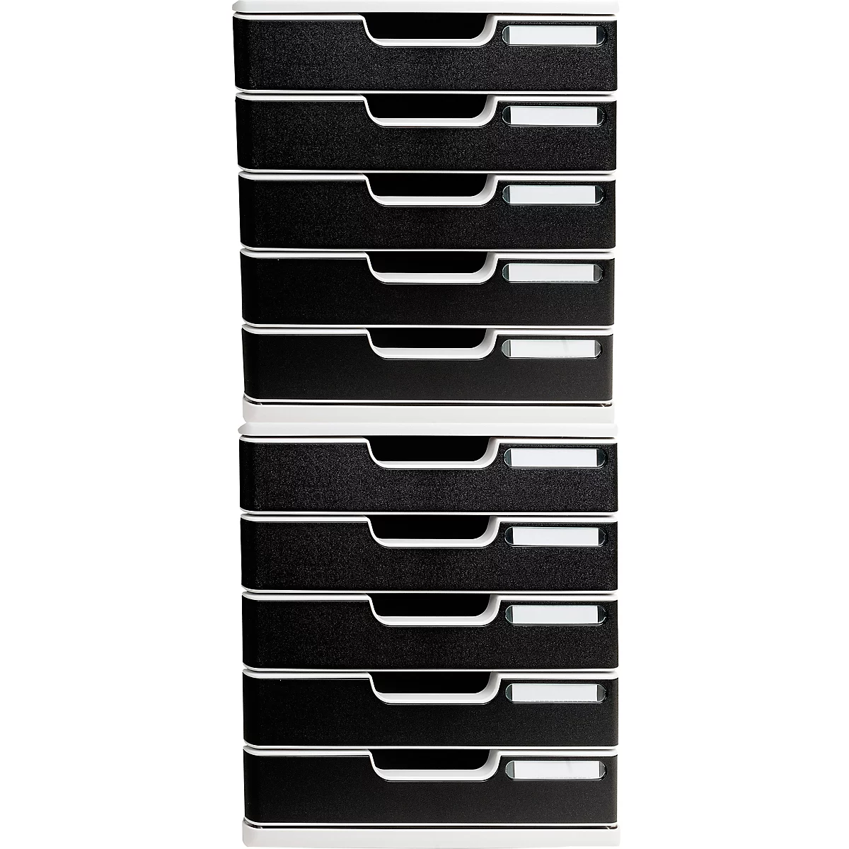 Mehrere schwarze Dokumentenablagen mit weißen Akzenten, die übereinander gestapelt sind. Jede Ablage hat eine Aussparung für den Griff und einen Platz für ein Etikett.
