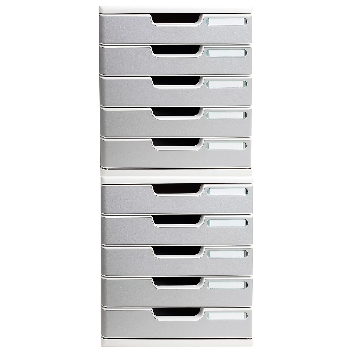 Ein grauer Schubladenturm mit 10 Schubladen. Jede Schublade hat einen dunklen Griff und ein kleines Beschriftungsfeld.