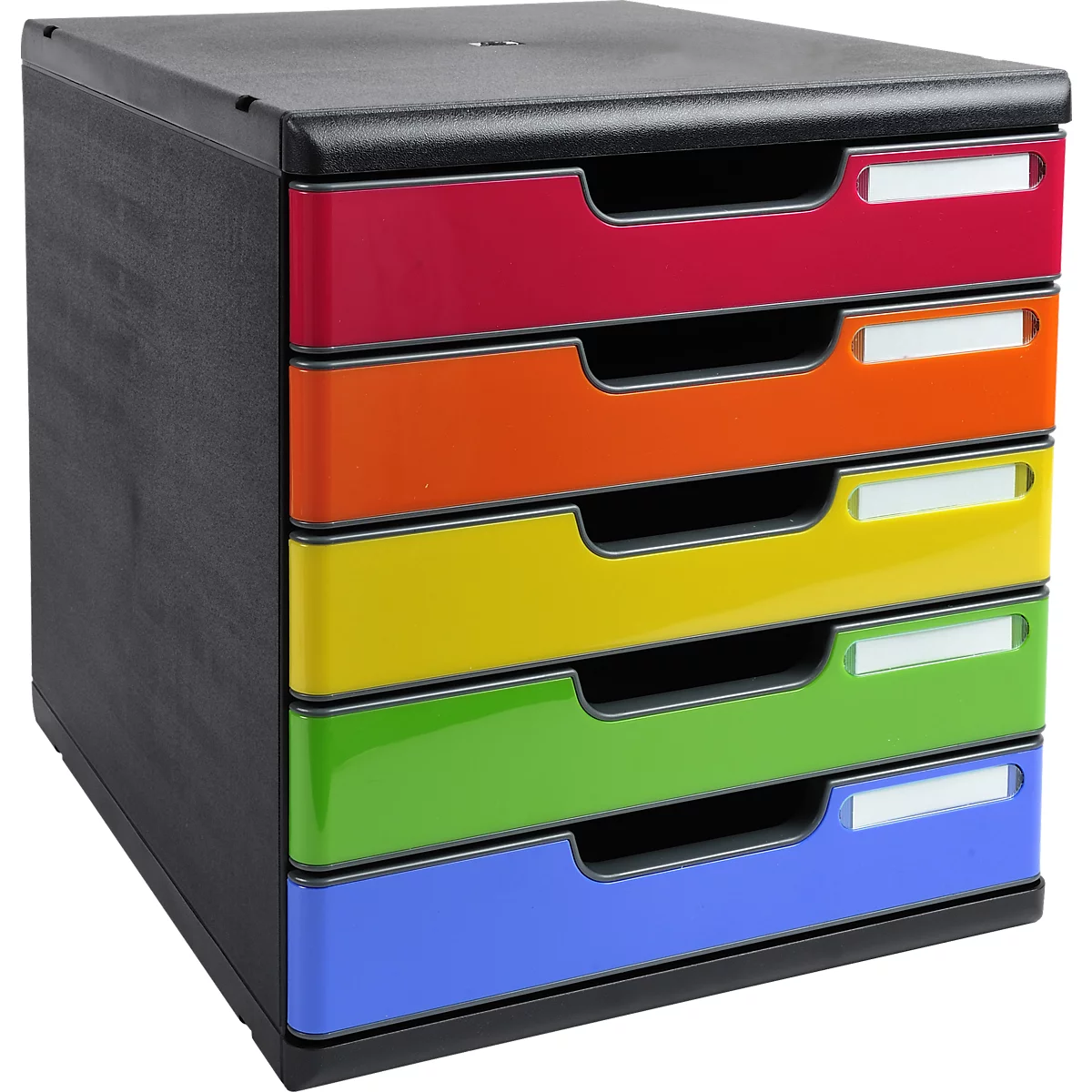 Mehrfarbiger Schubladenschrank mit fünf Schubladen in Rot, Orange, Gelb, Grün und Blau. Jeder hat ein weißes Etikett.