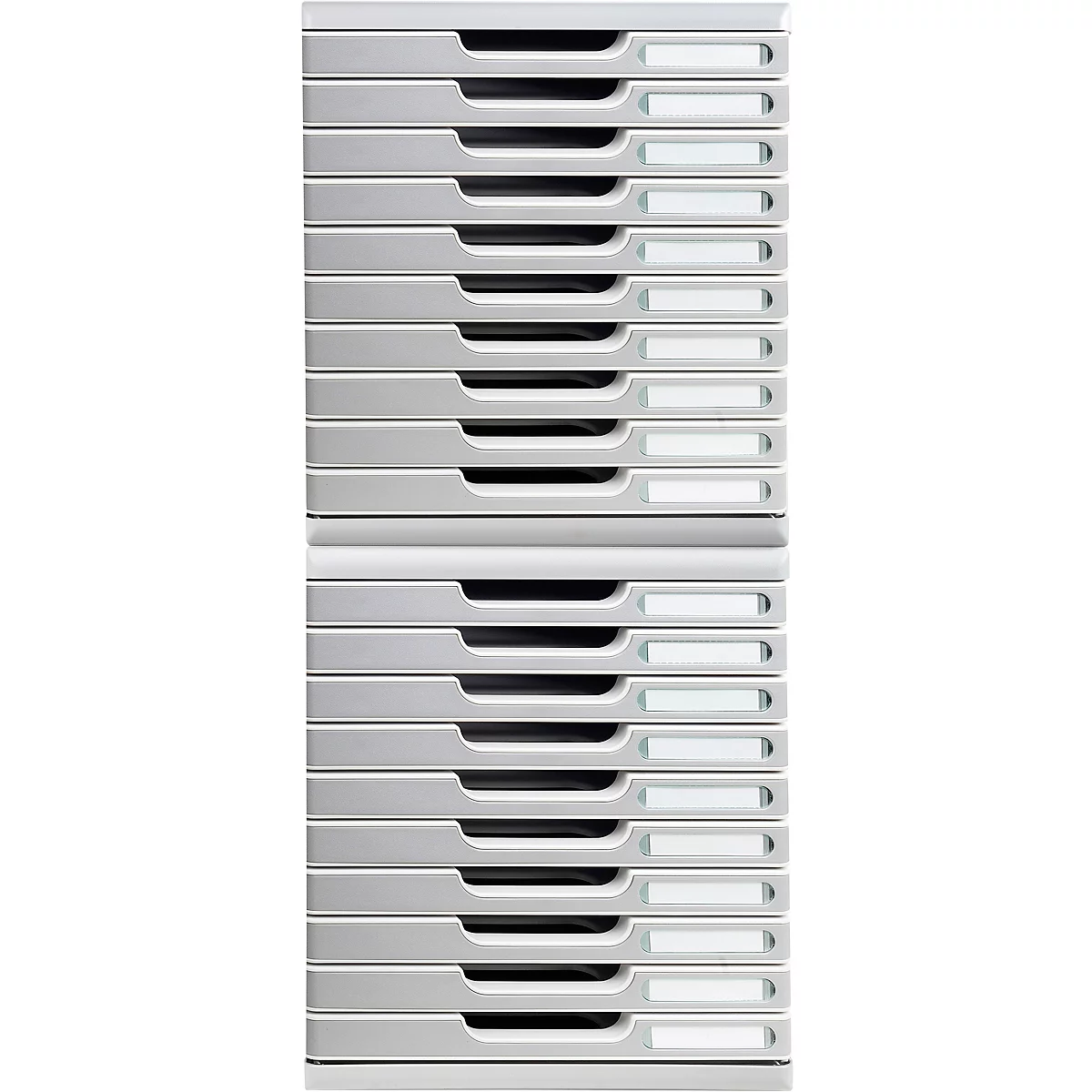 Grauer Dokumentenablage-Turm, viele Schubladen mit kleinen Beschriftungsfeldern. Sieht sehr minimalistisch aus.