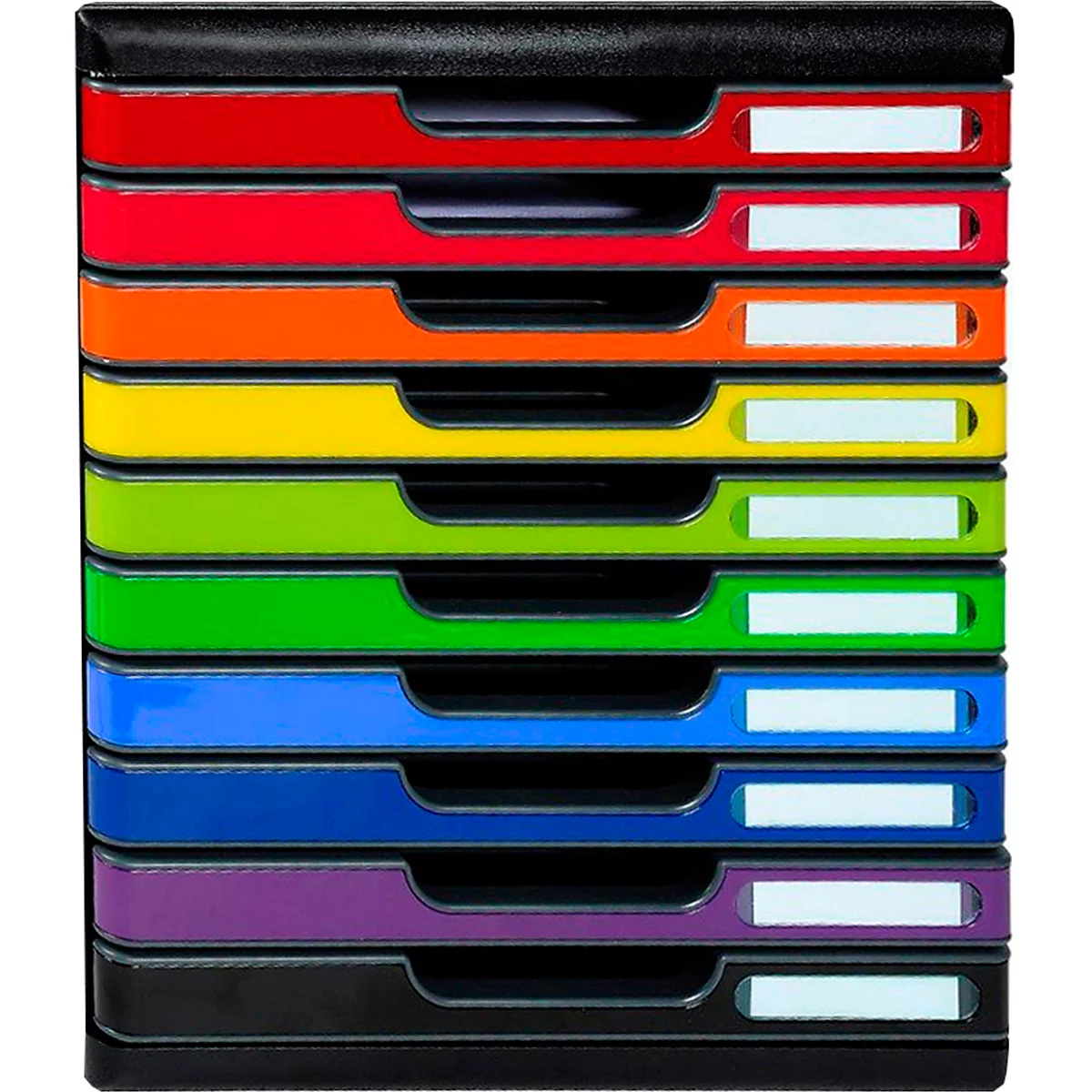 Mehrfarbiger Ablagestapel mit Etiketten. Farben: Rot, Orange, Gelb, Grün, Blau, Violett, Schwarz. Jede Ablage hat ein weißes Beschriftungsfeld.