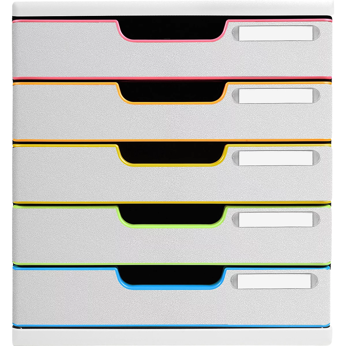 Grauer Schreibtisch-Organizer mit farbigen Schubladen. Pink, gelb, grün und blau umranden die Schubladen.