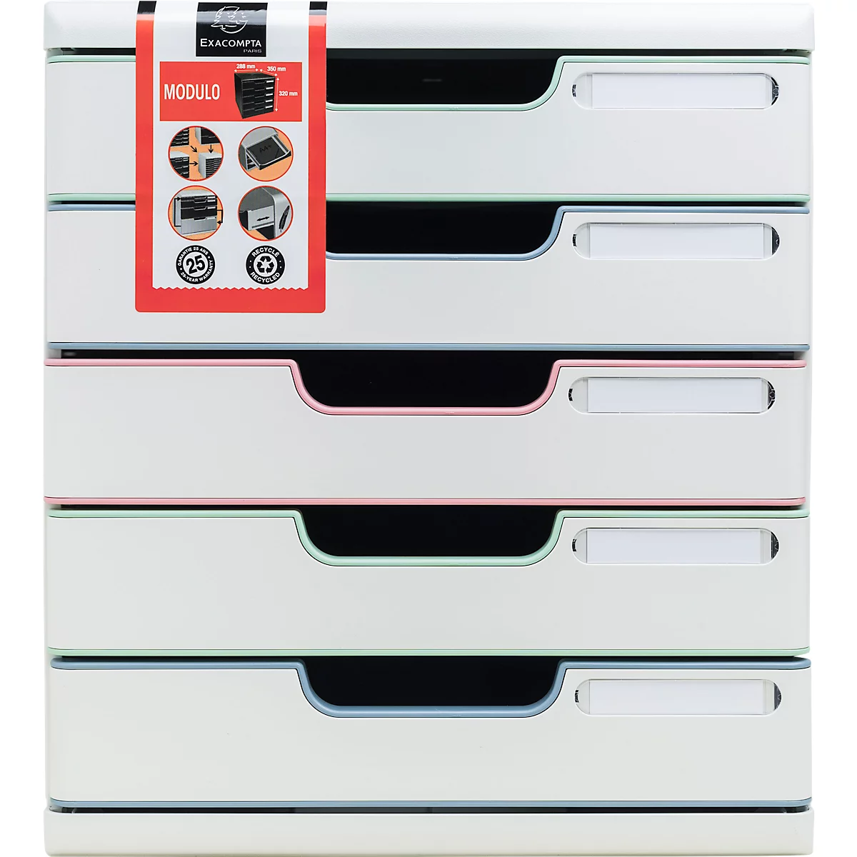 Witte bureau-organizer met laden. De laden zijn voorzien van gekleurde randen. Er is een label aangebracht.