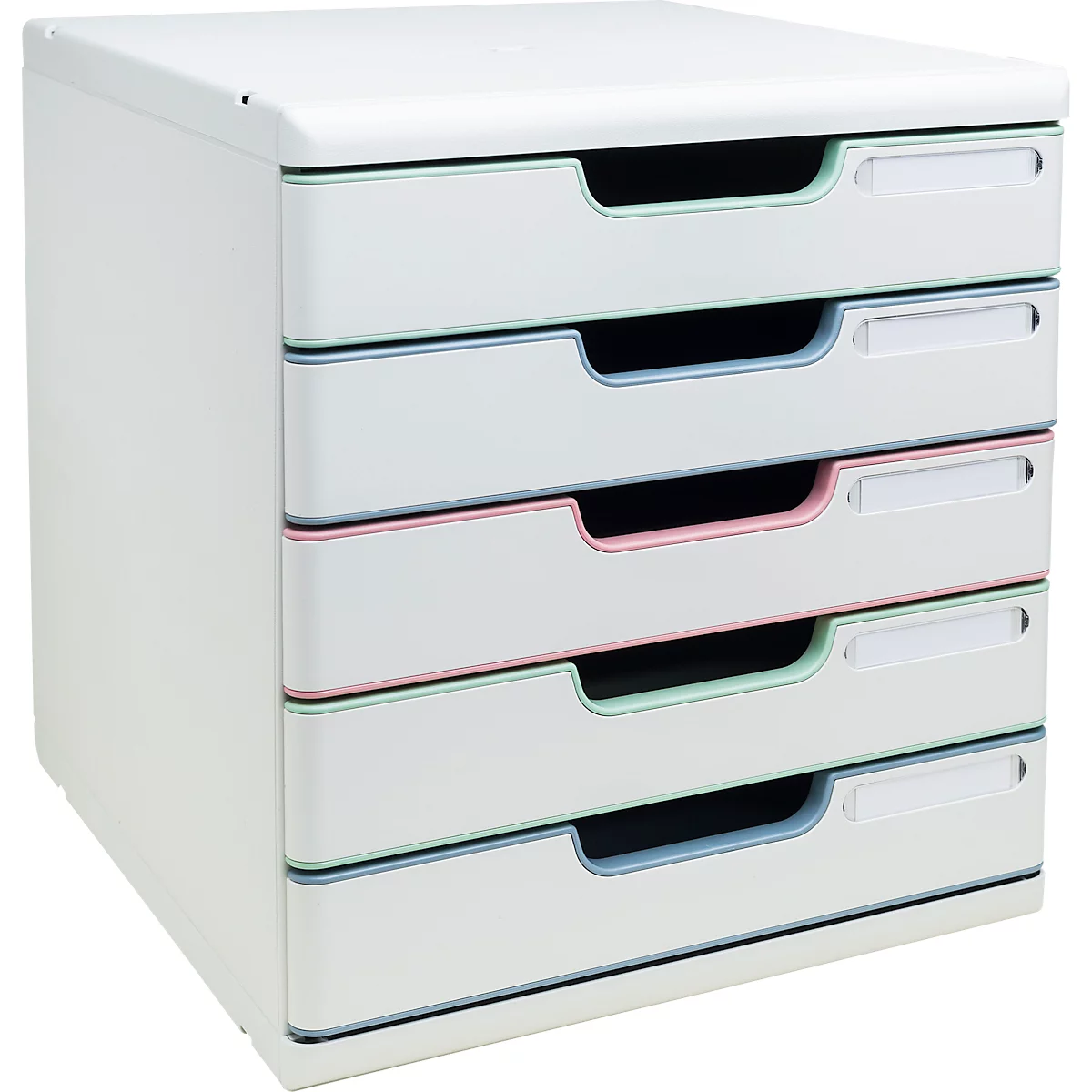 Weißer Schubladenschrank mit fünf farbigen Griffen. Jeder Griff hat eine andere Farbe, Grün, Blau und Rosa.