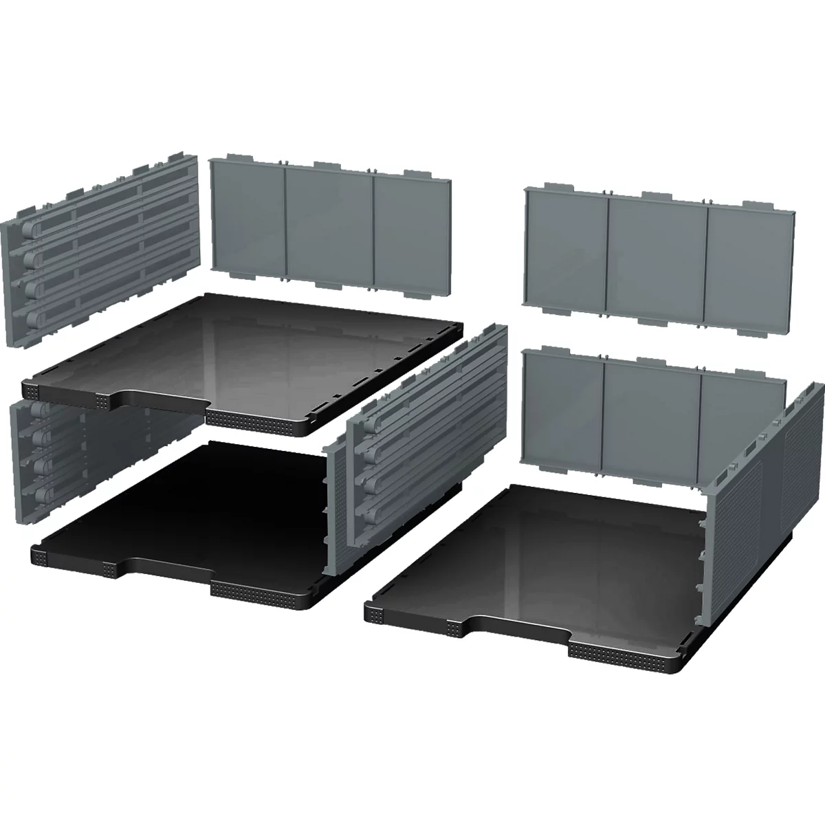 Mehrere graue und schwarze Kunststoffteile, die zu einer Box zusammengebaut werden können, sind in einer isometrischen Ansicht angeordnet.