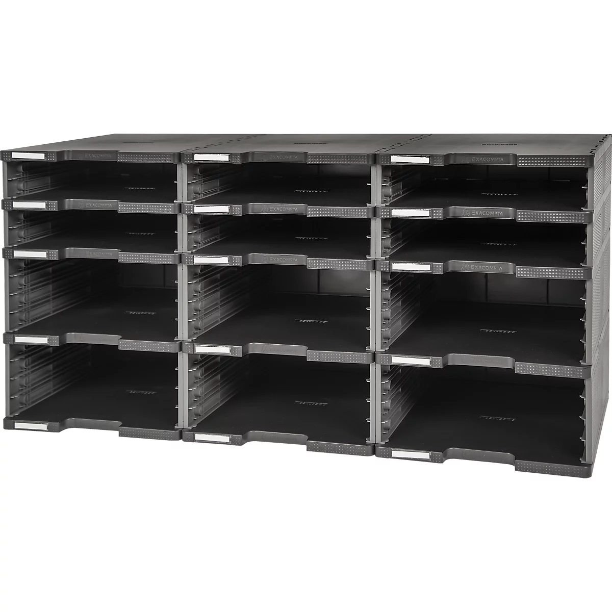 Grauer, modularer Büro-Organizer mit 12 Fächern für Dokumente, Briefe oder Büromaterialien.