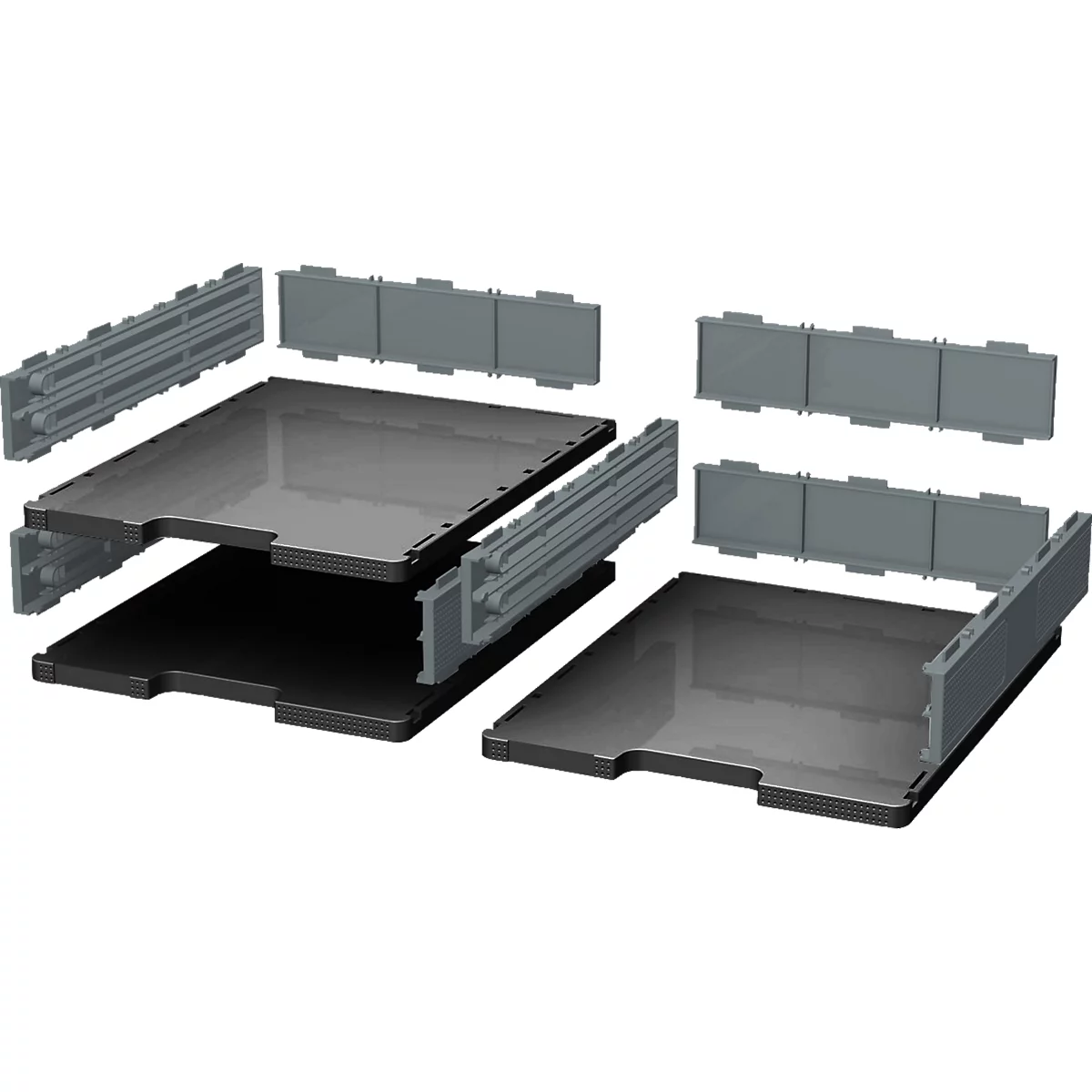 Vue éclatée d'une boîte de rangement grise et noire, avec des pièces individuelles disposées sur un fond blanc.