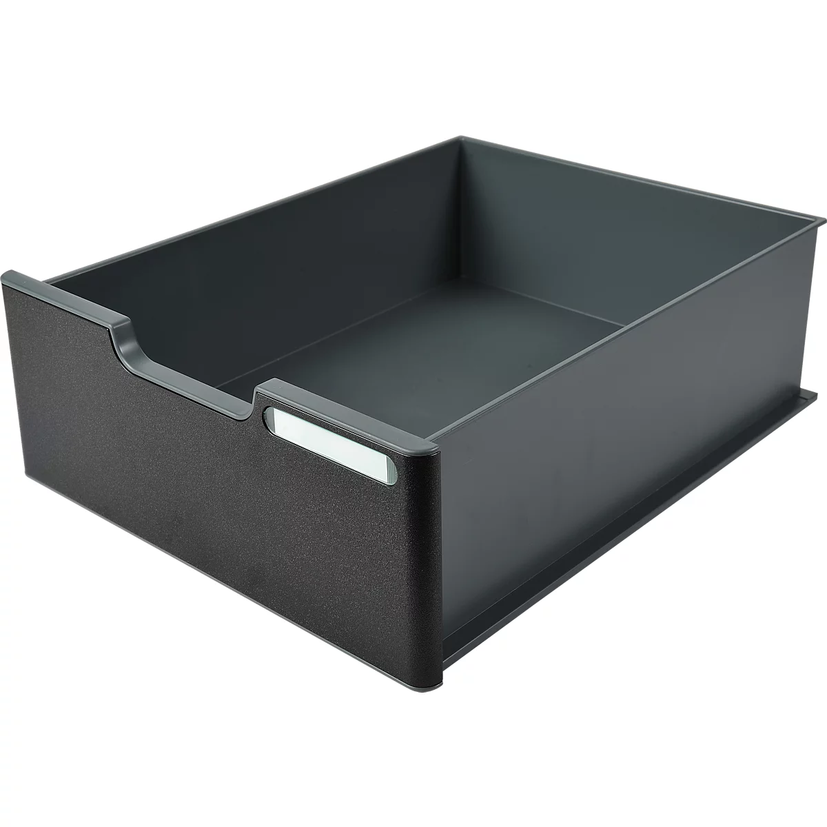 Dunkelgraue Schublade, von oben leicht schräg aufgenommen, mit Griffmulde und weißem Akzent.