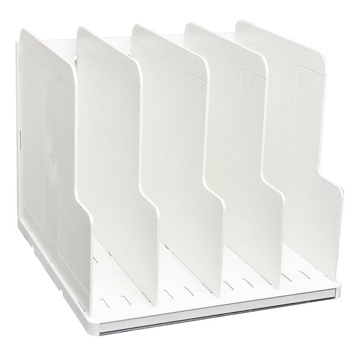 Weißer Aktenhalter mit fünf Fächern. Jedes Fach hat eine leicht geschwungene Form.