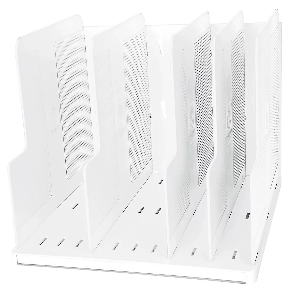 Weißer Aktenhalter mit mehreren Fächern. Jedes Fach hat eine geriffelte Oberfläche.