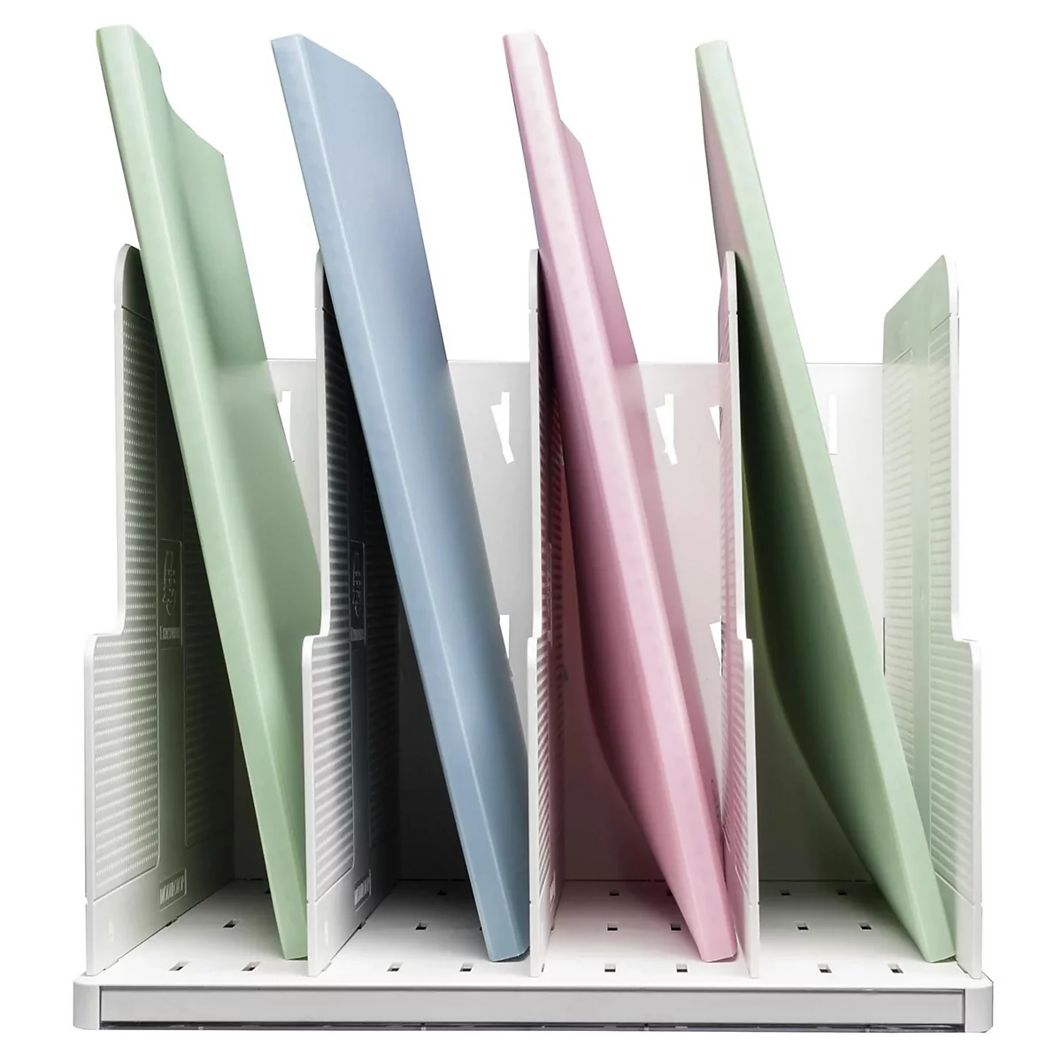 Blick auf einen weißen Dokumentenhalter mit vier Fächern, gefüllt mit farbigen Ordnern.