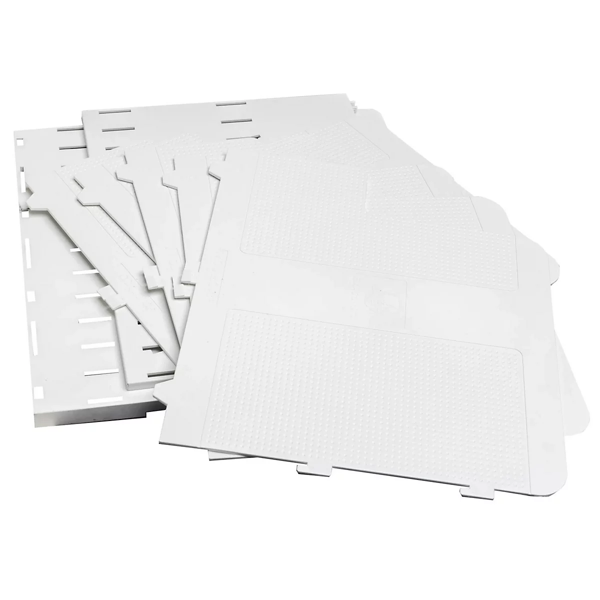 Verschiedene weiße Kunststoffplatten und -elemente, die ineinandergreifen.