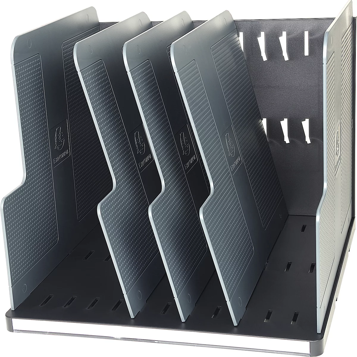 Grauer Organizer mit vier Fächern. Der Organizer hat eine strukturierte Oberfläche. Auf der rechten Seite sind Aussparungen sichtbar.