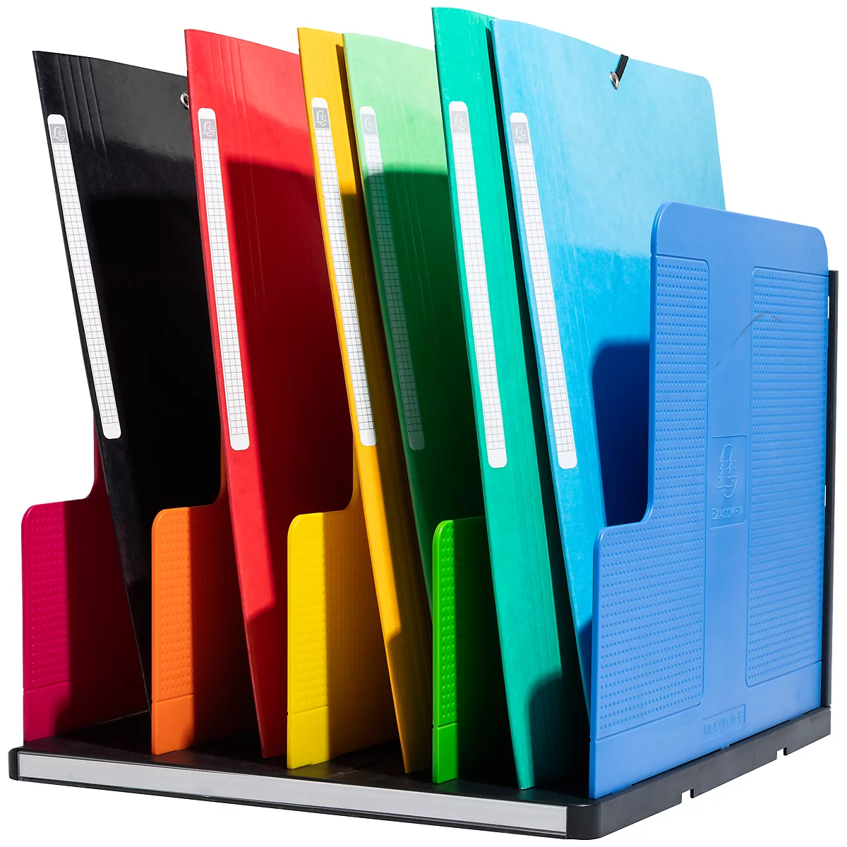 Mehrfarbiger Ordnerhalter mit verschiedenen farbigen Ordnern.