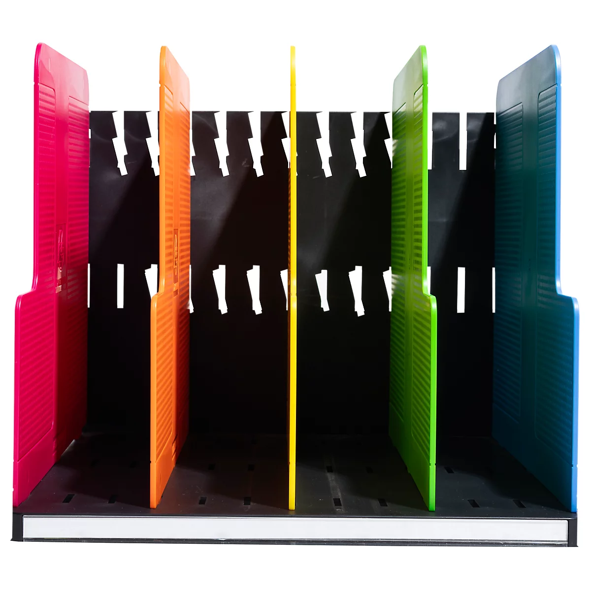 Mehrfarbiger Ordner, mit Trennwänden in Pink, Orange, Gelb, Grün und Blau.