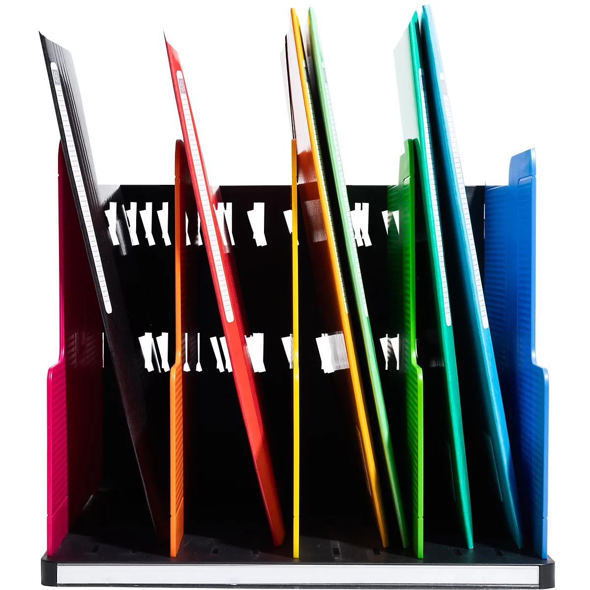 Schwarzer Dokumentenhalter mit farbigen Ordnern. Die Ordner sind in verschiedenen Farben angeordnet: pink, orange, rot, gelb, grün, blau.