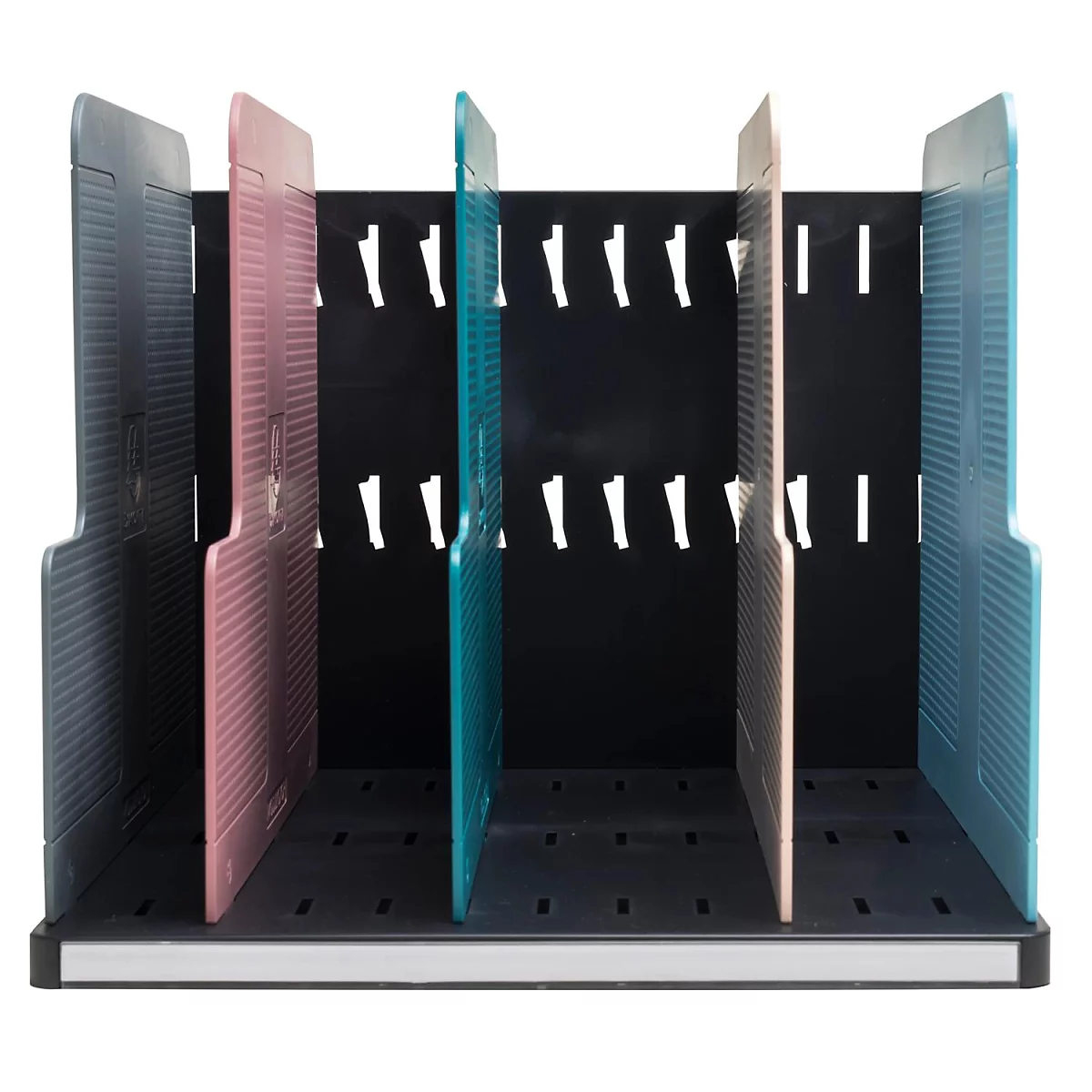 Aktenregal mit farbigen Trennwänden. Dunkelgrau, rosa, türkis und beige.