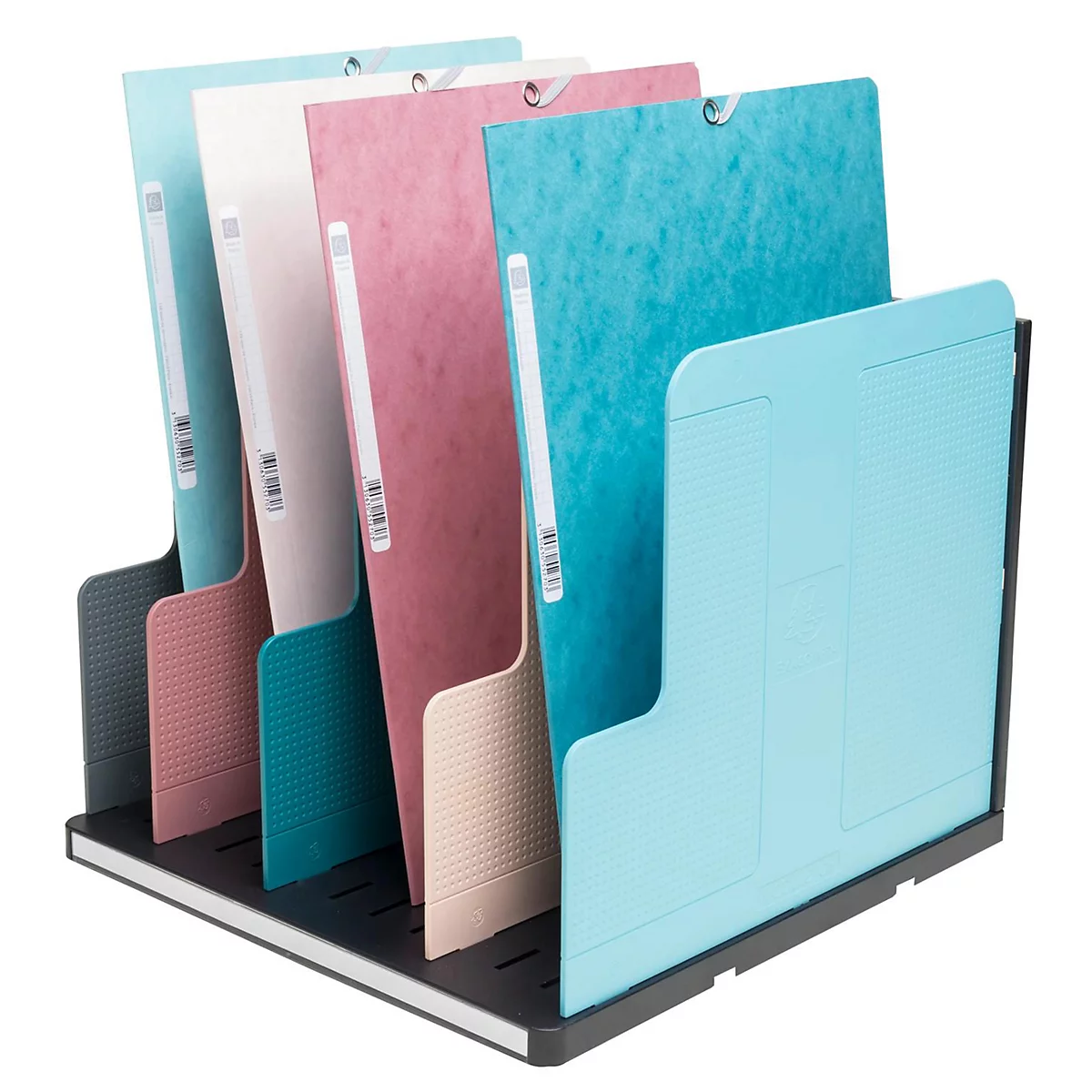 Blick auf einen schwarzen Dokumentenhalter mit farbigen Ordnern, die darin stehen.