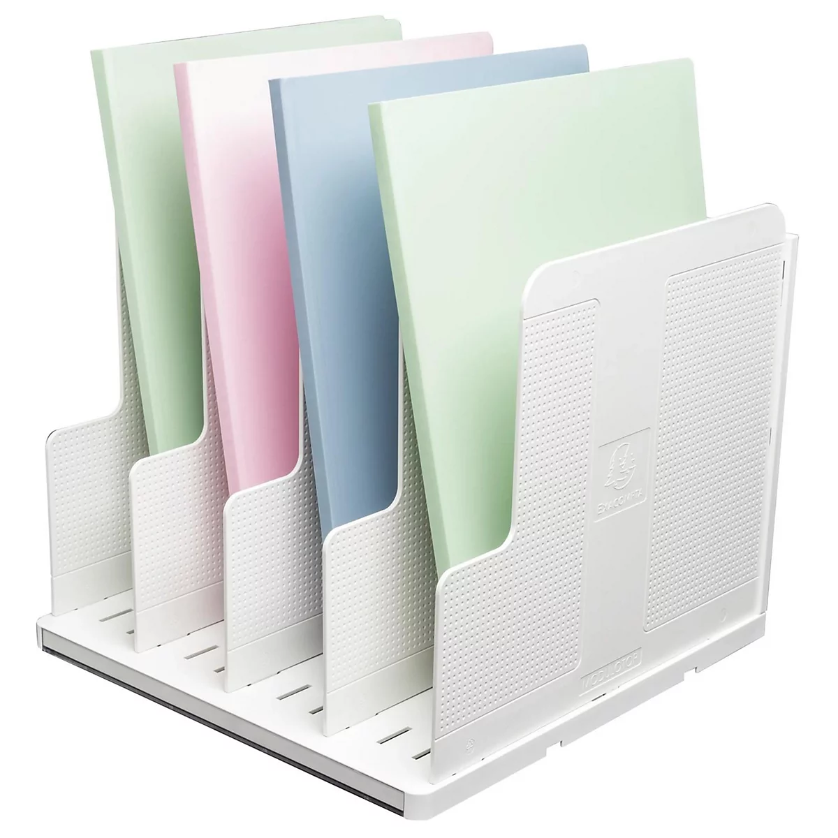 Porte-documents blanc avec des dossiers colorés. Vert, rose, bleu et vert se trouvent dans le compartiment.